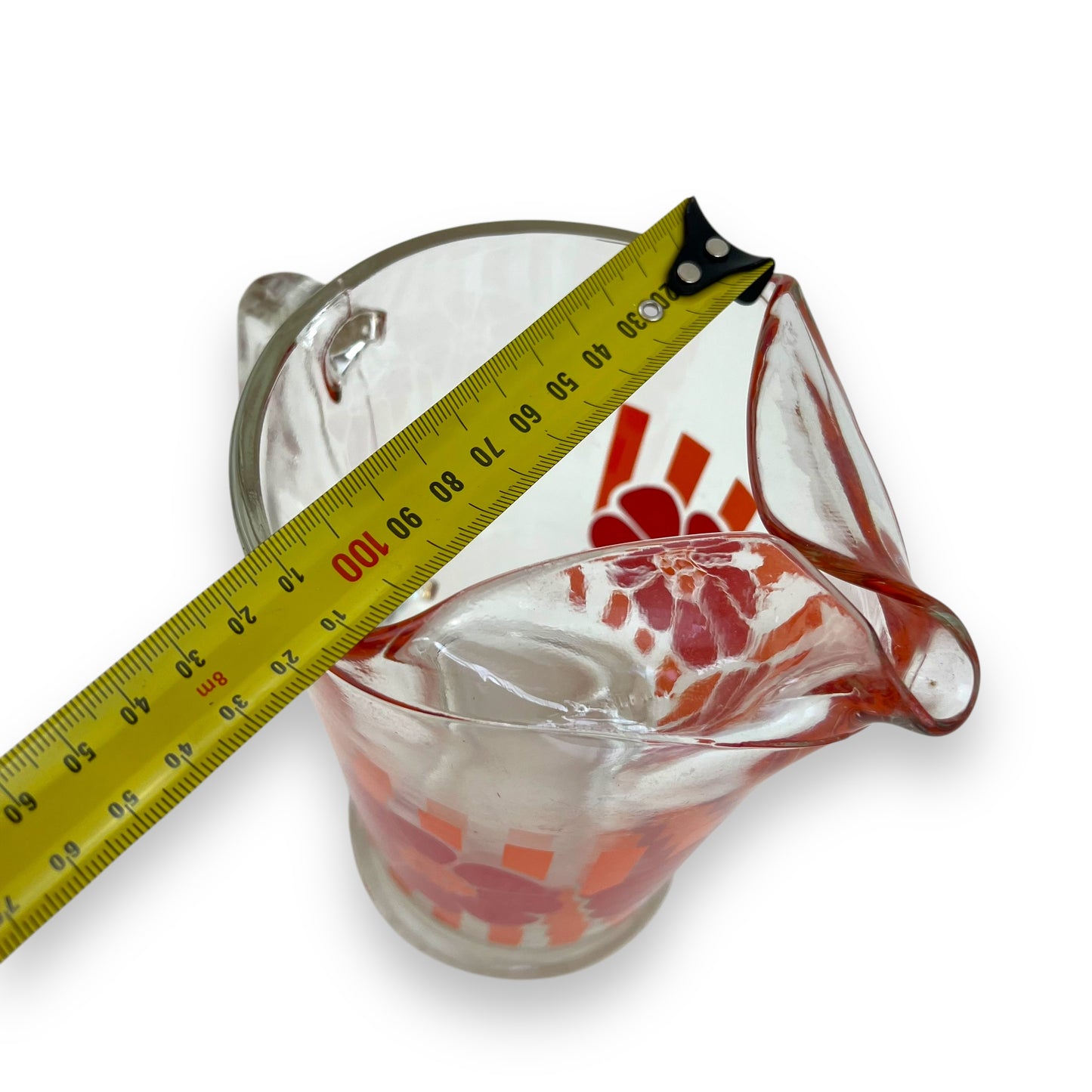 Glass Jug with Orange Stripes & Red Flower Decal – Retro 1970s Pitcher