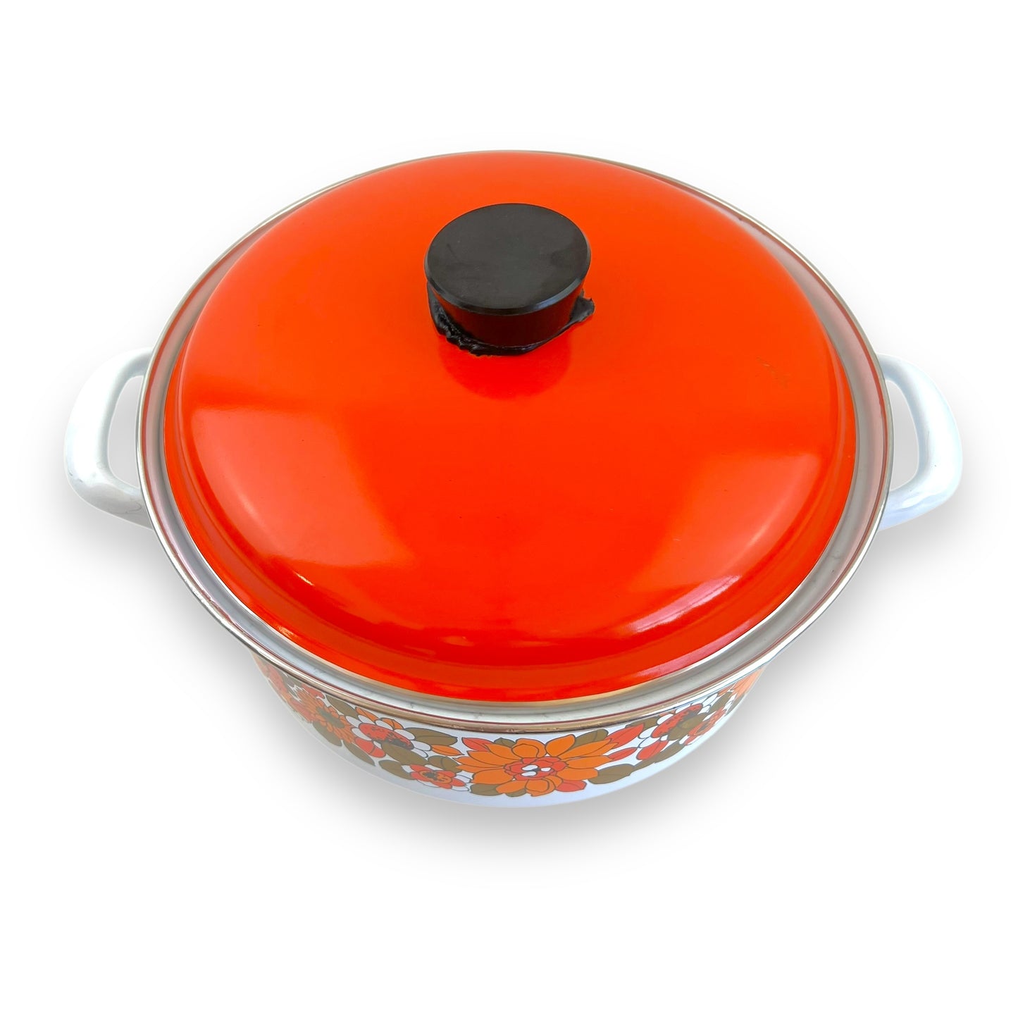 Floral Enamelware Cookpot – White & Orange Retro flower pattern with orange Lid