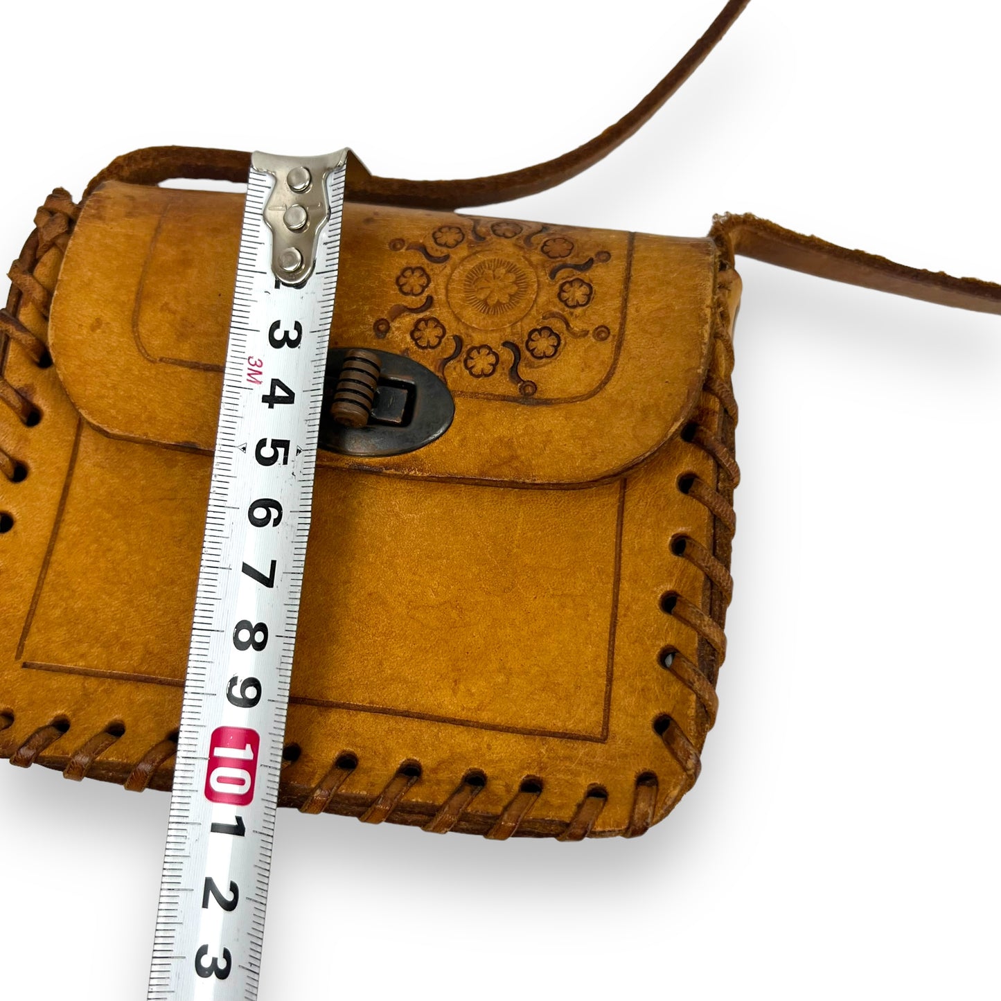 Small Brown Leather Hand Tooled Purse with strap