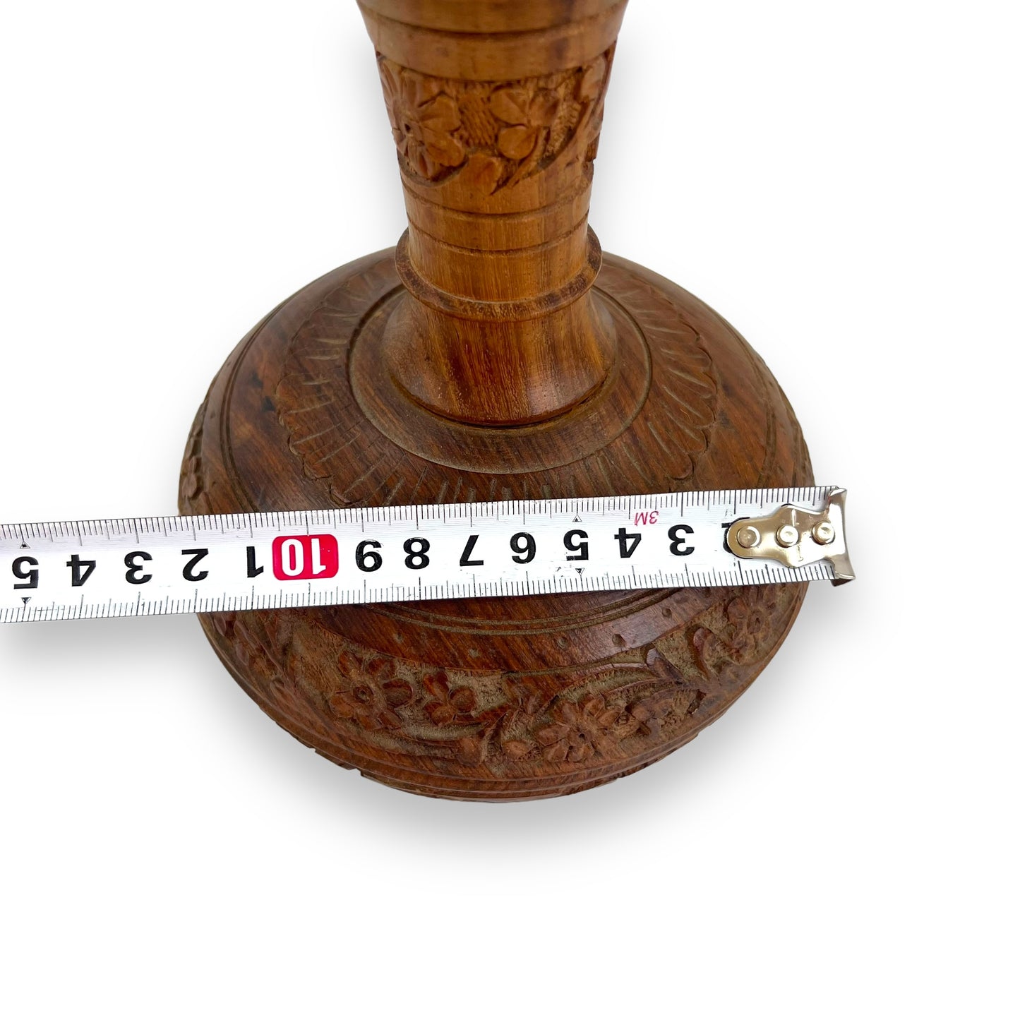 Wooden flower carved skinny neck vase