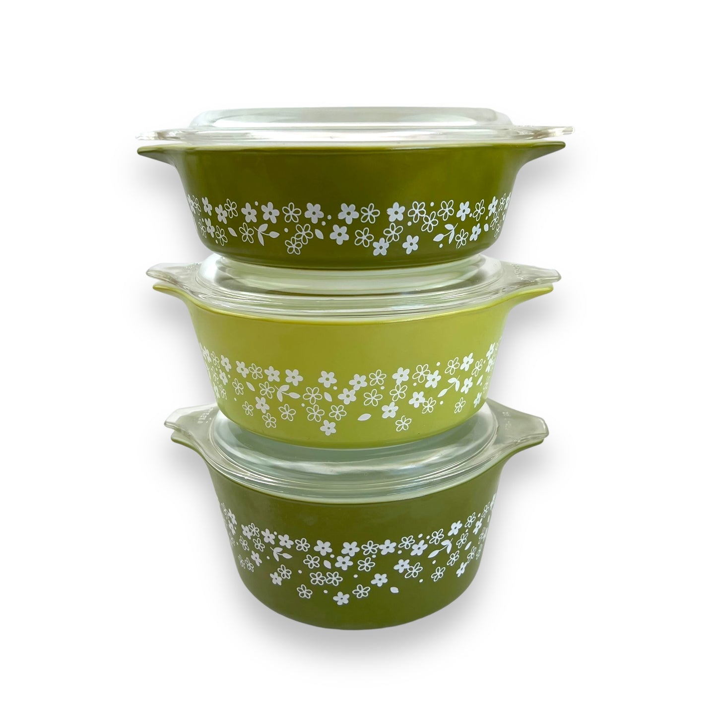 Pyrex Spring Blossom Green Casserole Dish Set of 3 with Lids - Made in USA - 1970s Retro Cookware
