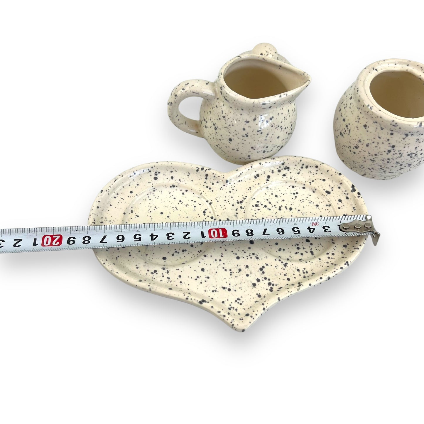 Sugar pot and creamer speckled set with love heart plate