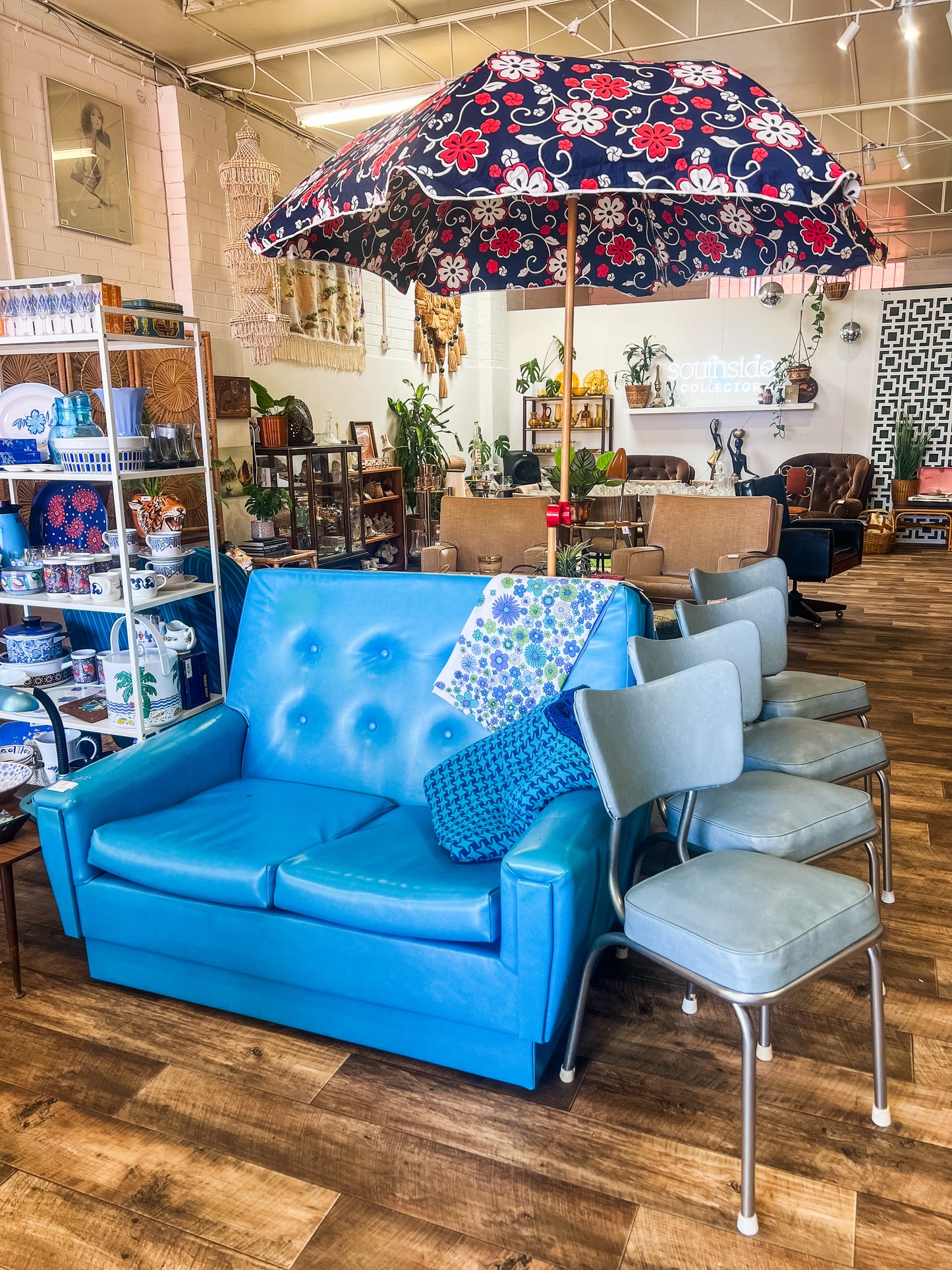 Vintage Blue and Red Floral Beach Umbrella