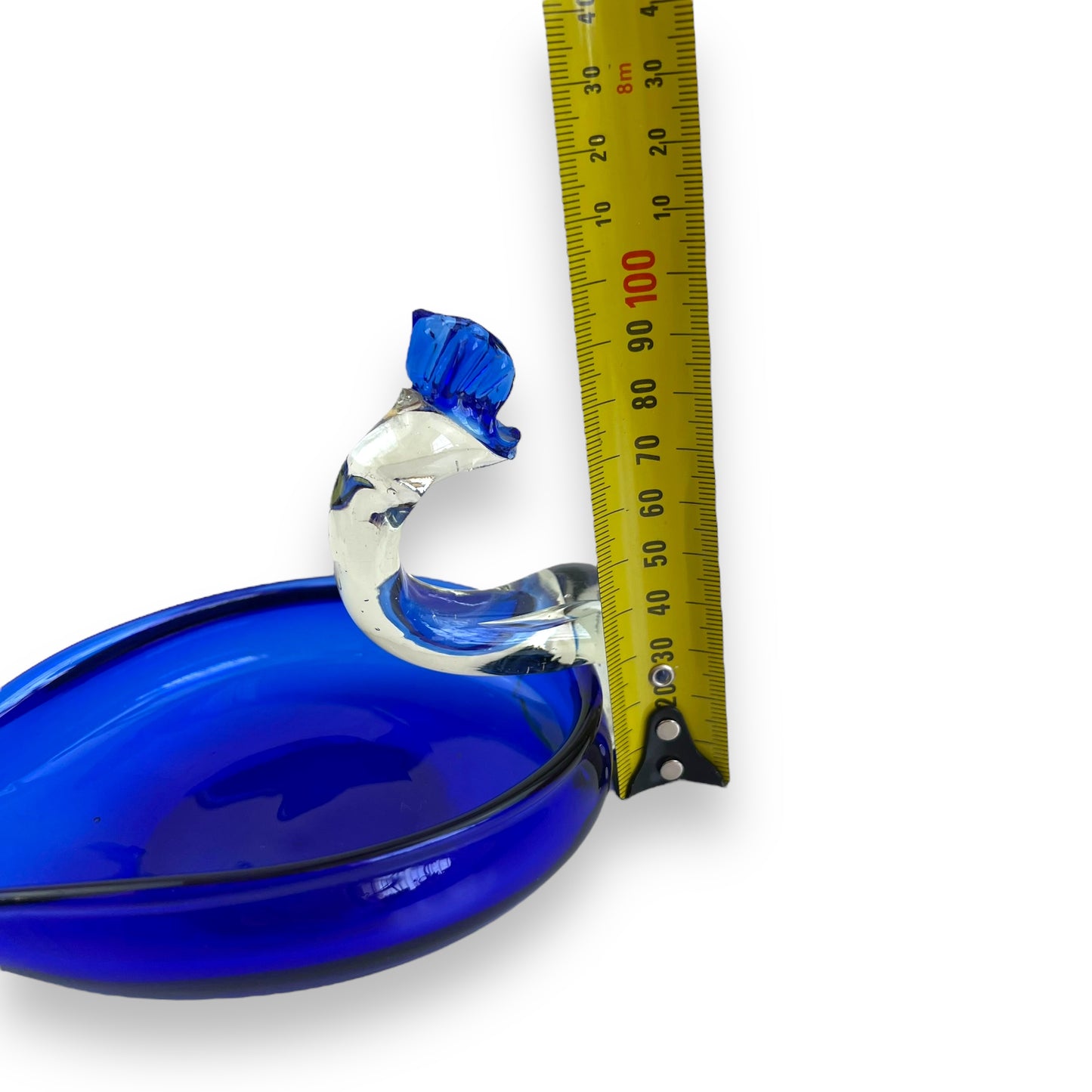Hand Blown Vintage Blue Glass Art Peacock Swan Bird Trinket Bowl Dish Ashtray