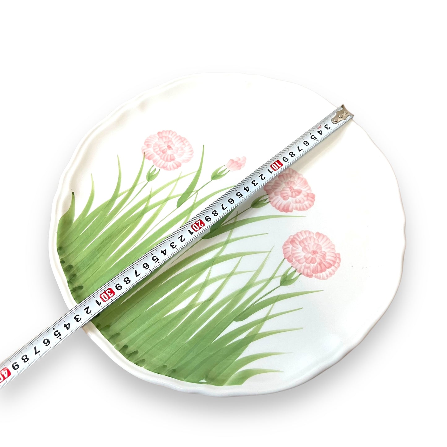 Hand-Painted Italian Ceramic Plate – Pink Carnations & Grass Design, Made in Italy