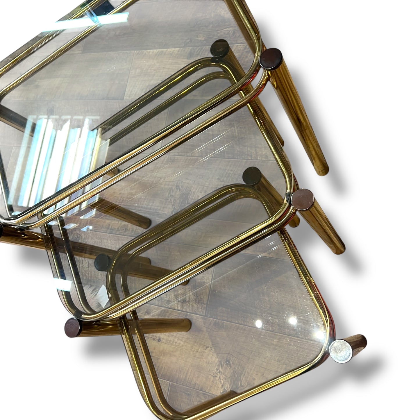 Brass & Smoked Glass Nesting Tables – Set of 3