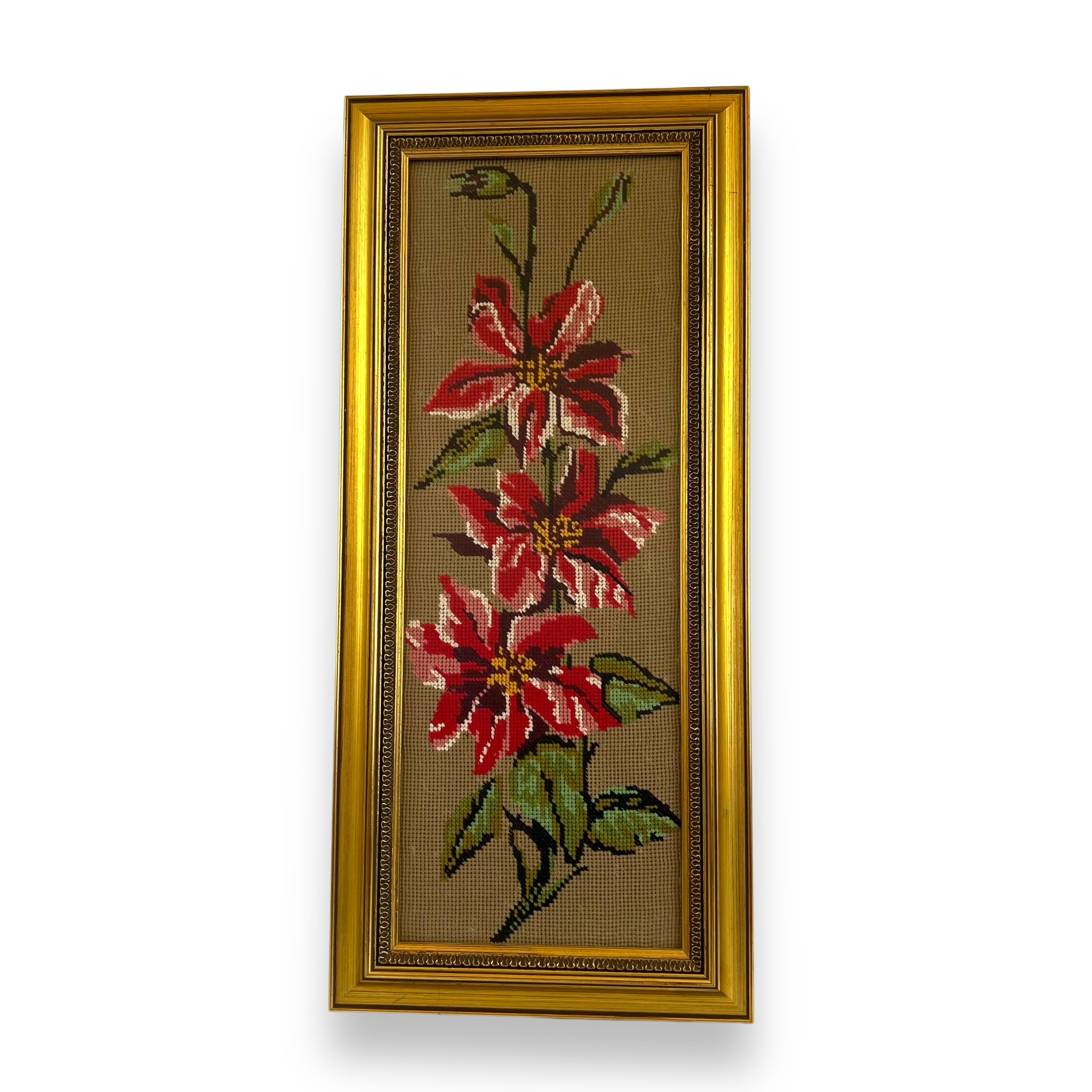 Vintage Needlepoint Art – Red Floral Design in Gold Frame – Southside ...