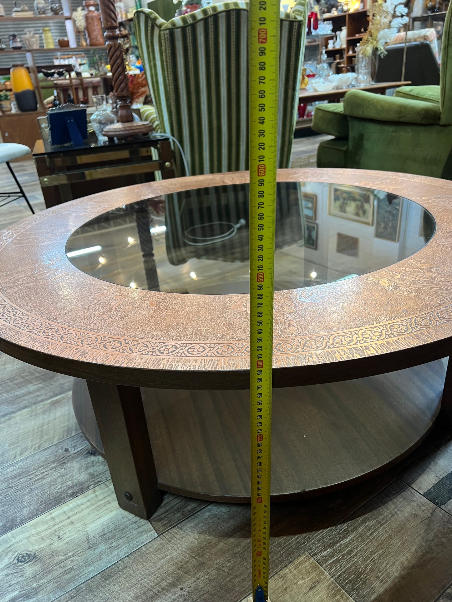 Pressed Copper & Glass Round Coffee Table with Lower Timber Shelf