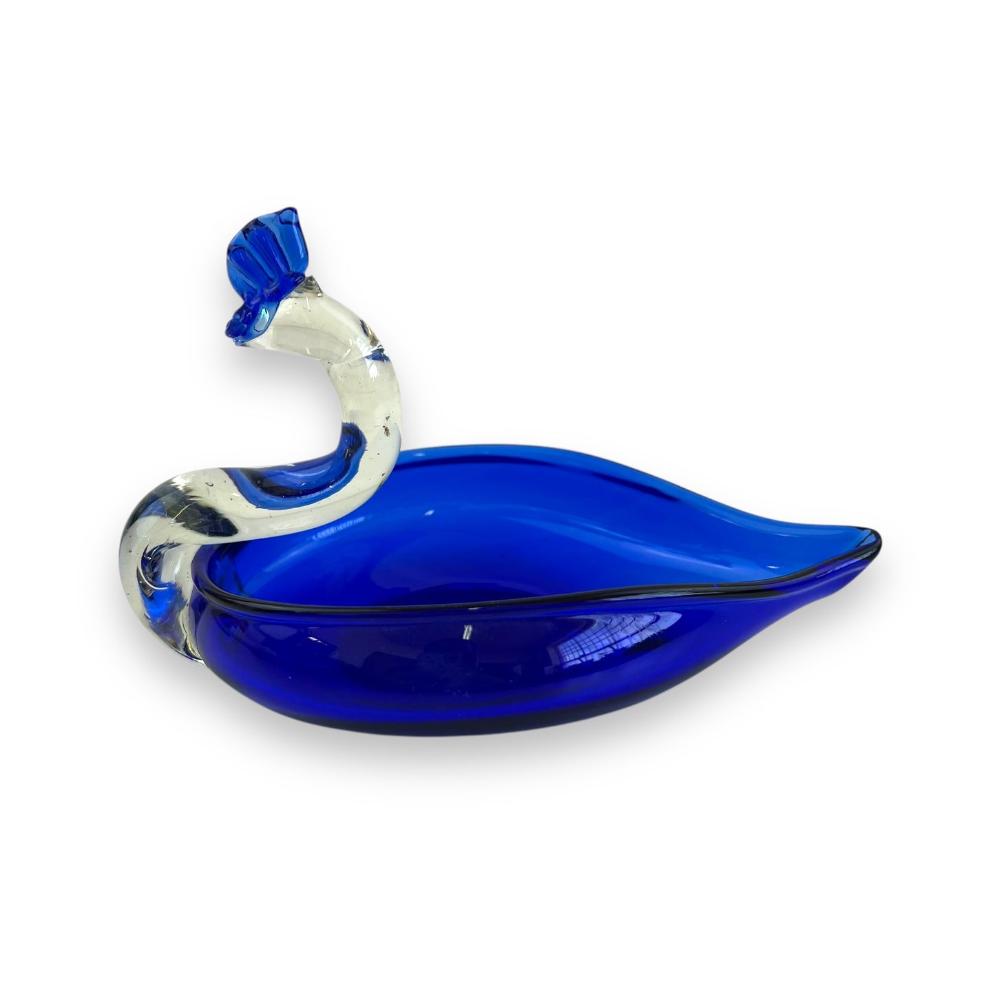 Hand Blown Vintage Blue Glass Art Peacock Swan Bird Trinket Bowl Dish Ashtray