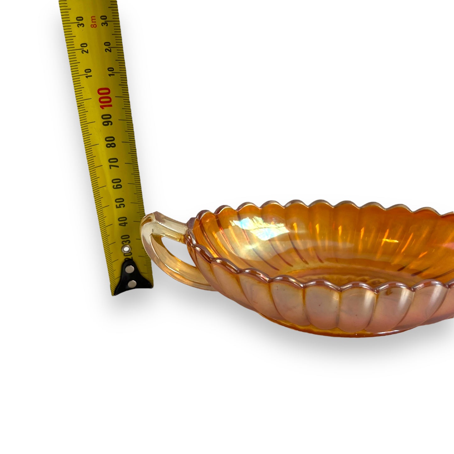 Carnival Glass, twin-handled oval dish in the "Marigold" color