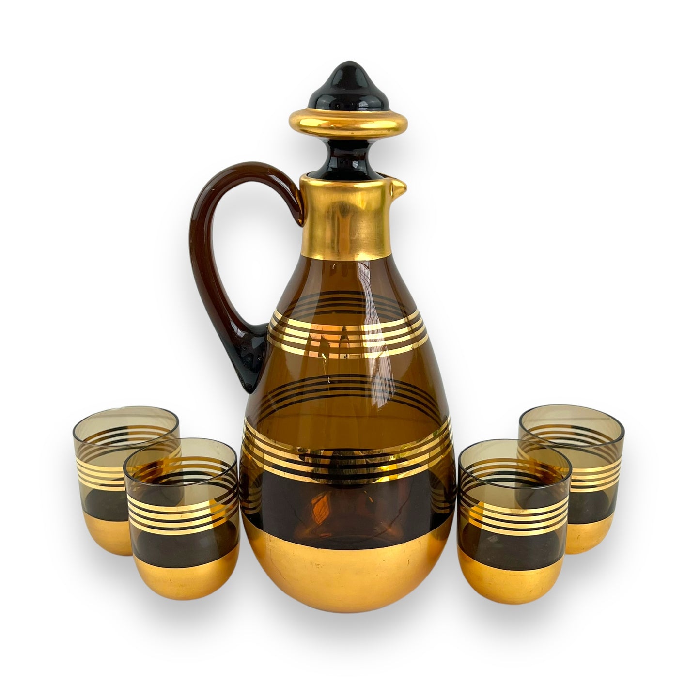 Black Smokey glass gold banded decanter & 4 matching small cups