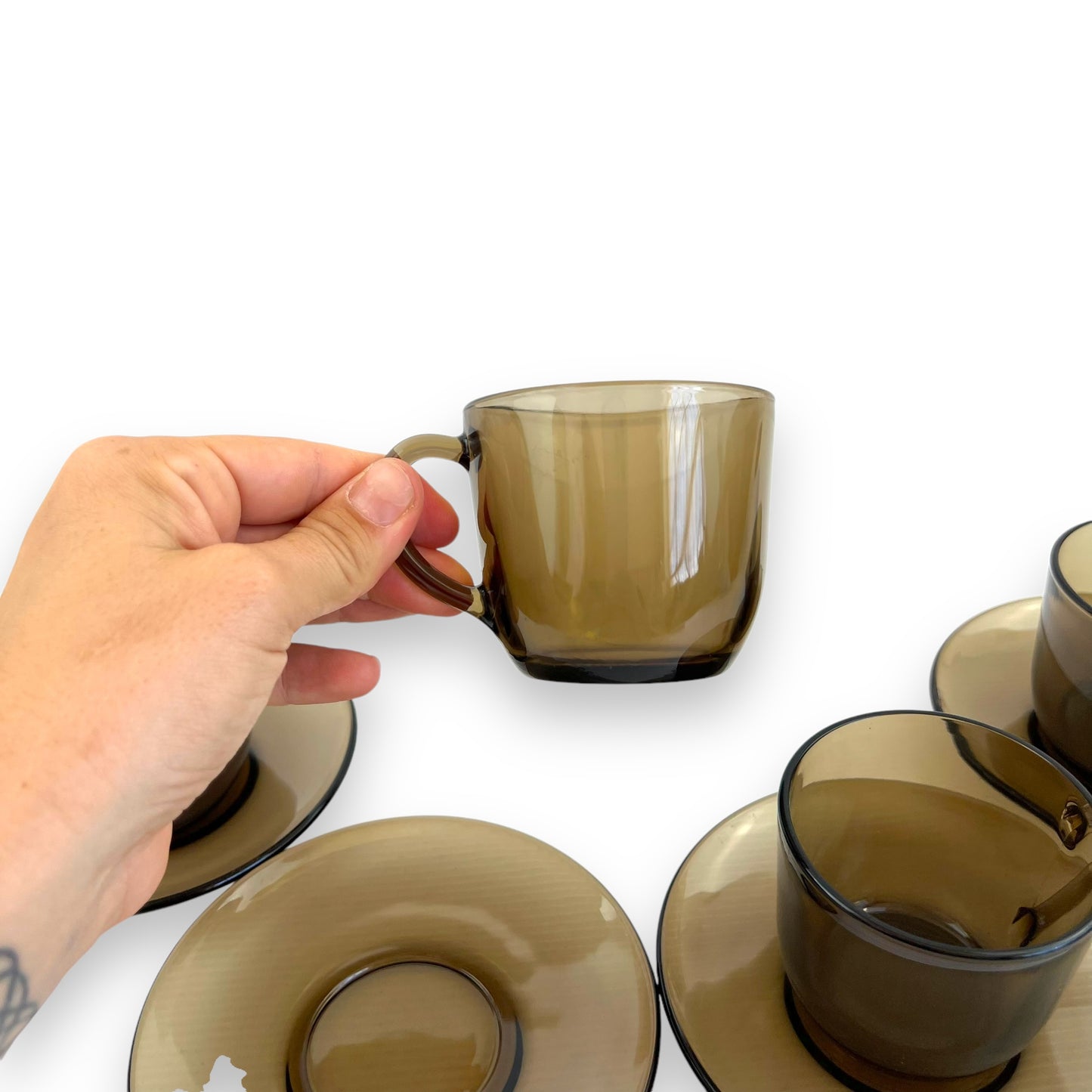 Vereco France Black Glass Cup & Saucers set of 4