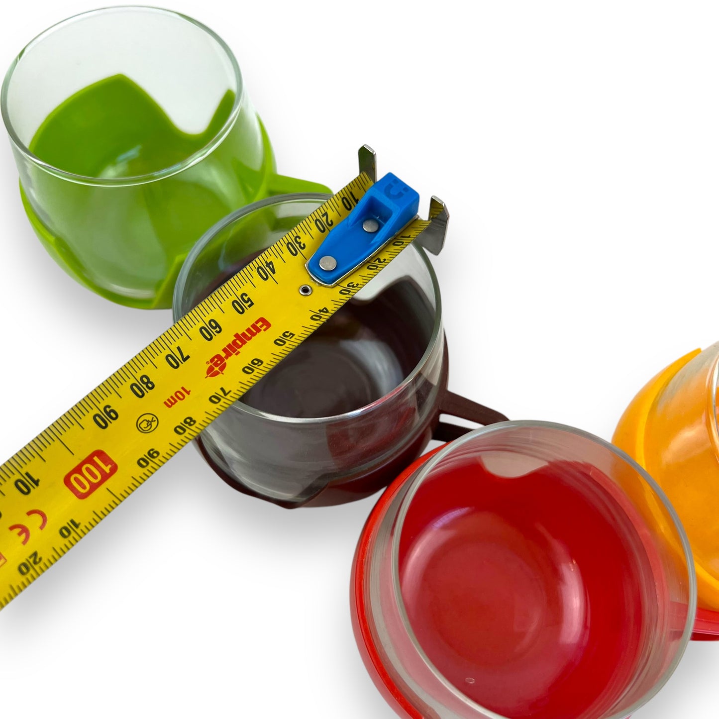 Dutch Glass Cups with Bright Colour Plastic Holders - Made in Holland - 5 Colourful Retro Mugs