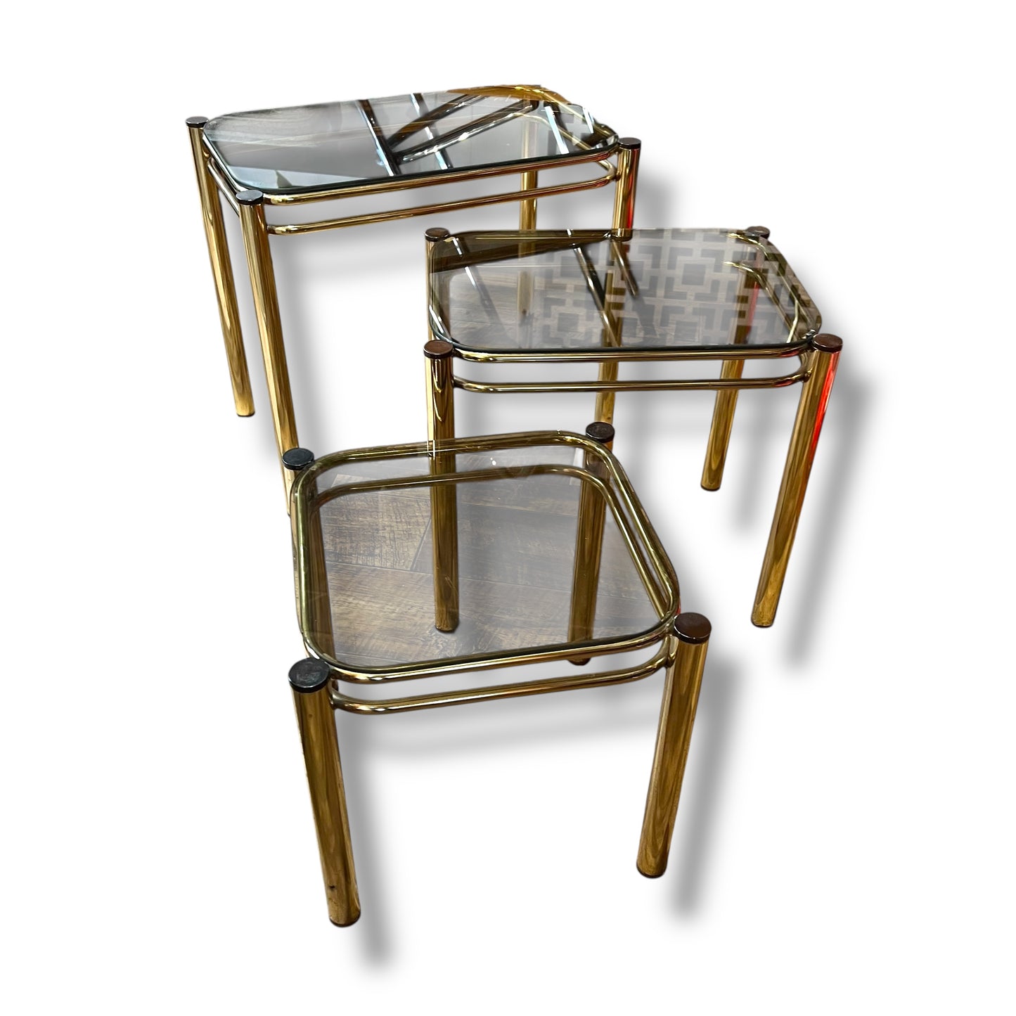 Brass & Smoked Glass Nesting Tables – Set of 3