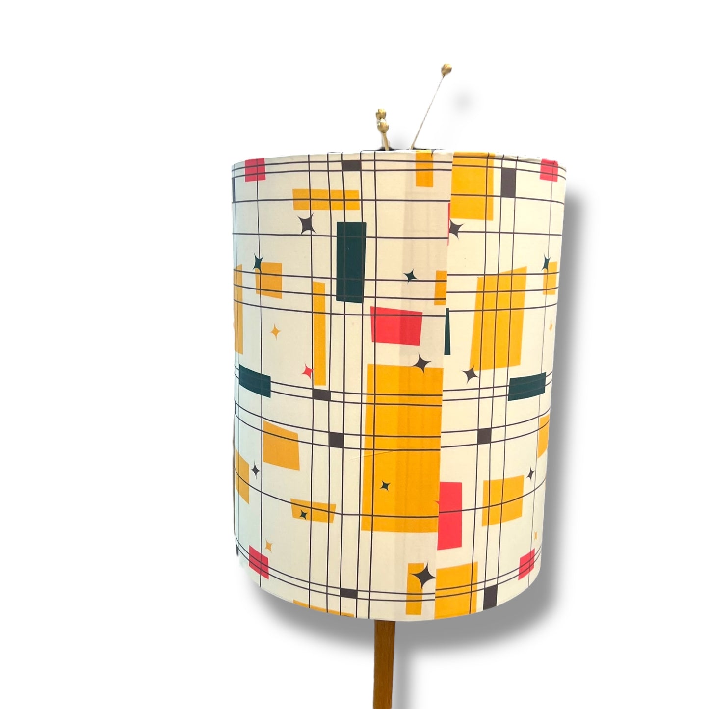 Mid-Century Modern Floor Lamp — Teak & Brass Tripod Base with Retro Atomic Geometric Shade