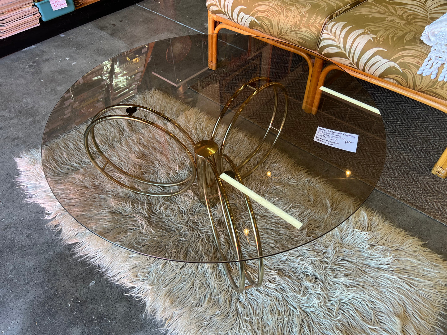 Hollywood Regency Brass & Smoked Glass Coffee Table – Sculptural Triple Ring Base, c.1970s