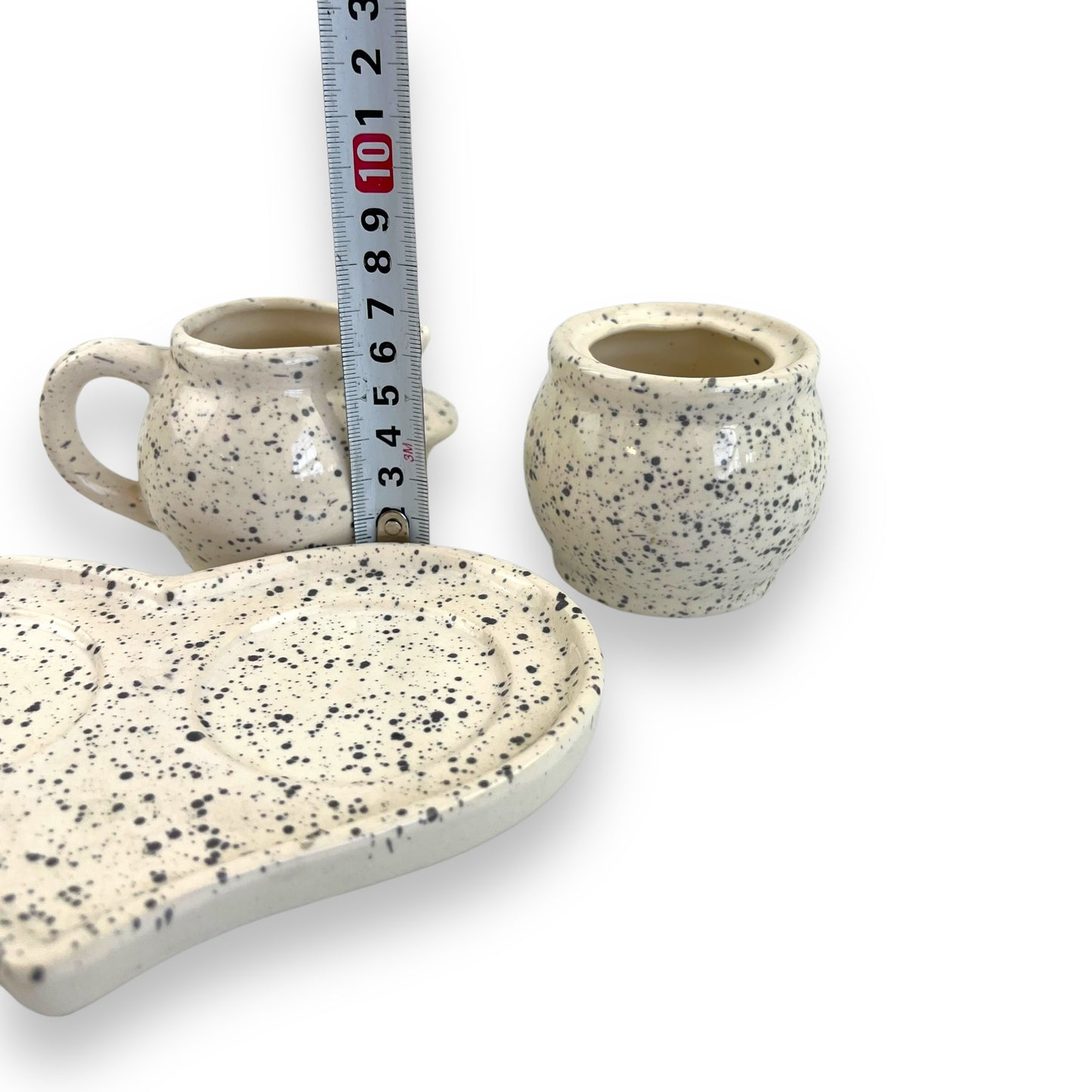 Sugar pot and creamer speckled set with love heart plate