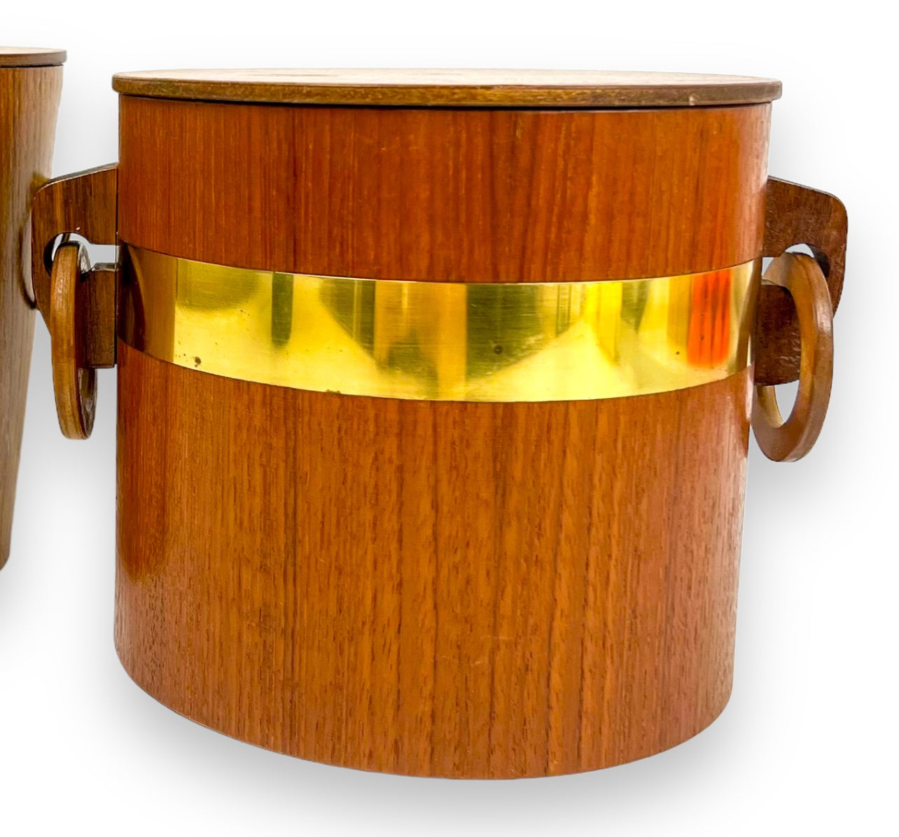 Mid Century Teak Veneer Ice Bucket with brass details.