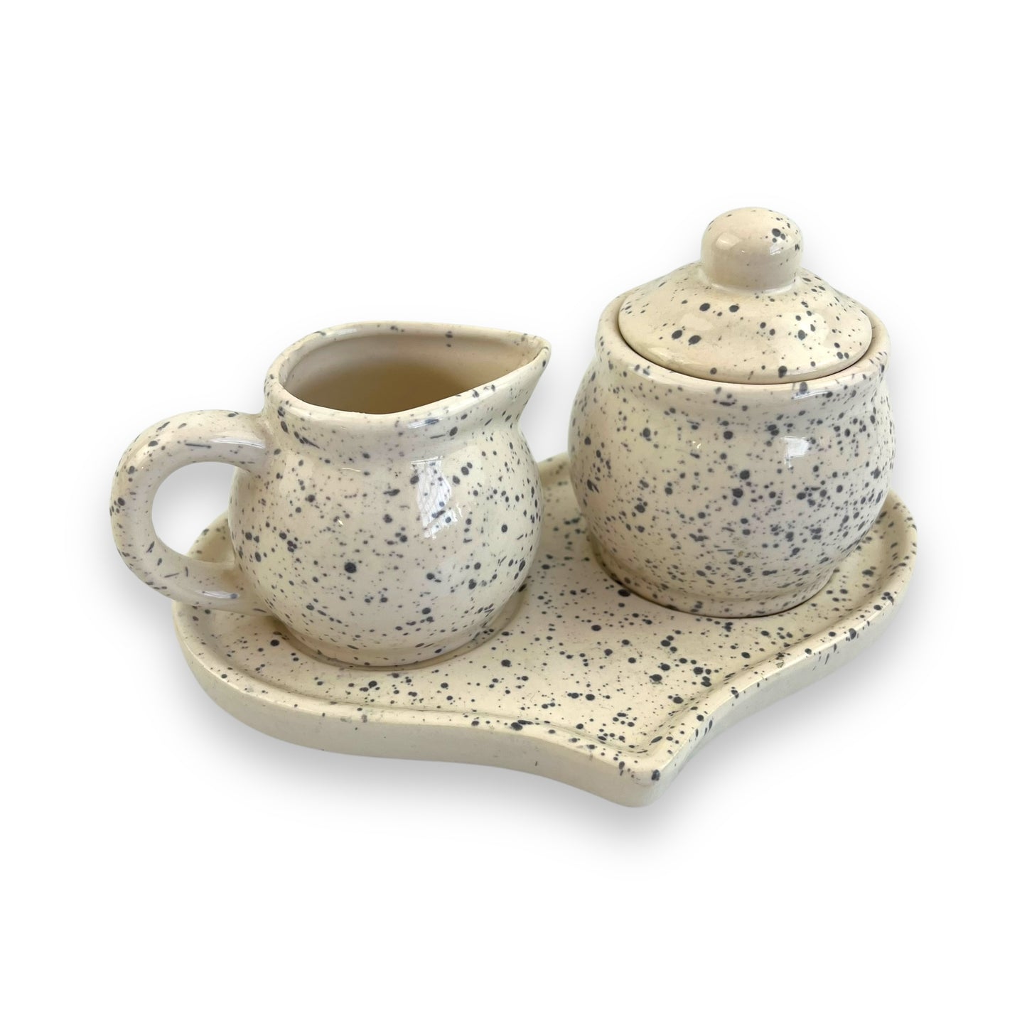 Sugar pot and creamer speckled set with love heart plate