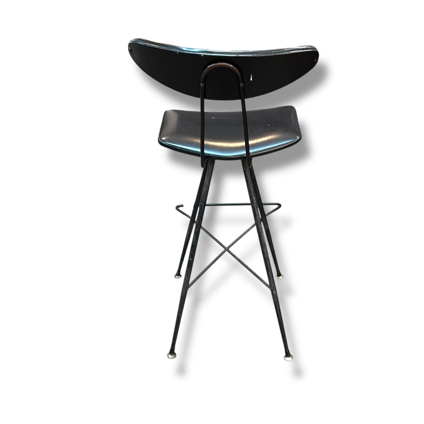 WD Wallace Mid-Century Atomic Bar Stool – Black Vinyl & Wrought Iron Frame