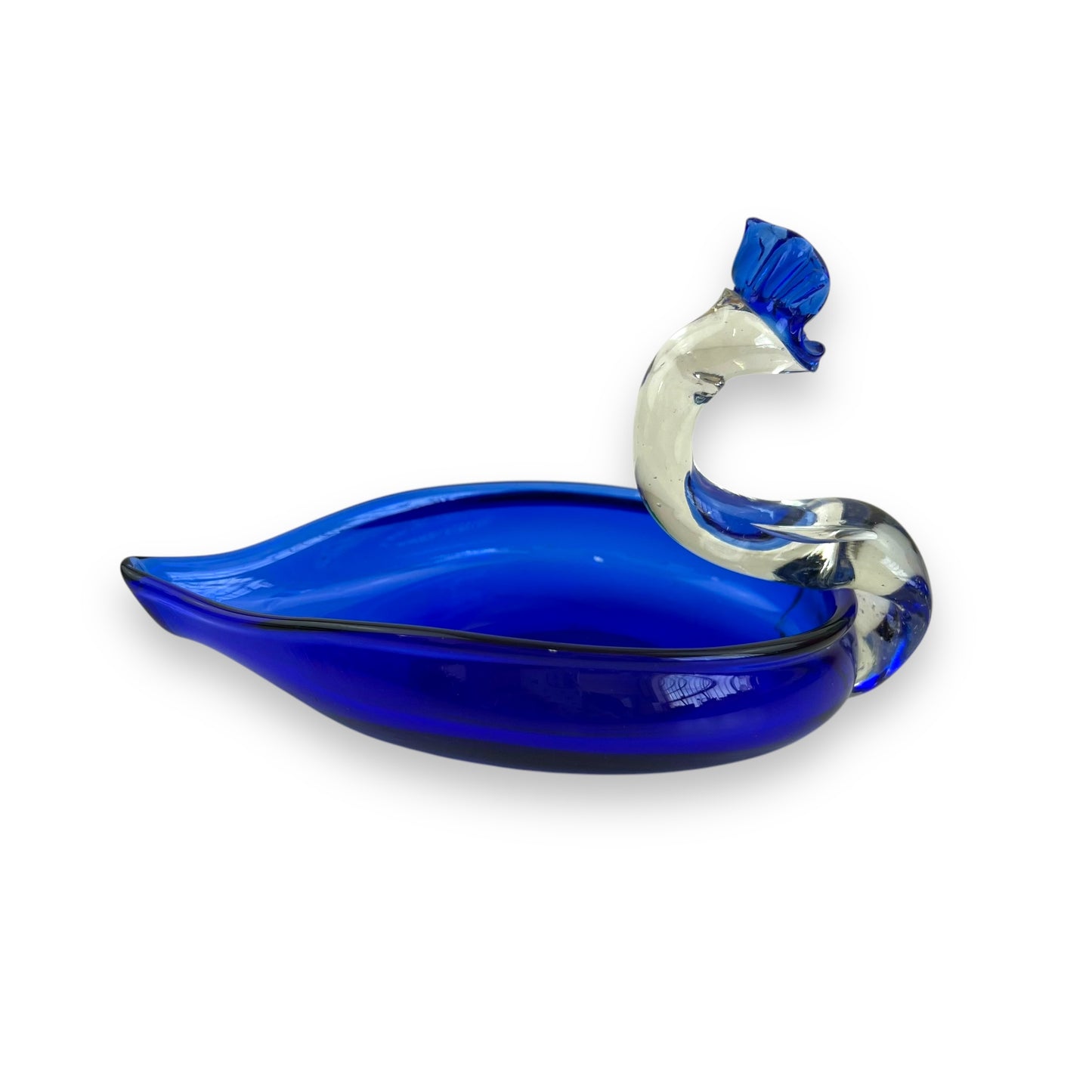 Hand Blown Vintage Blue Glass Art Peacock Swan Bird Trinket Bowl Dish Ashtray