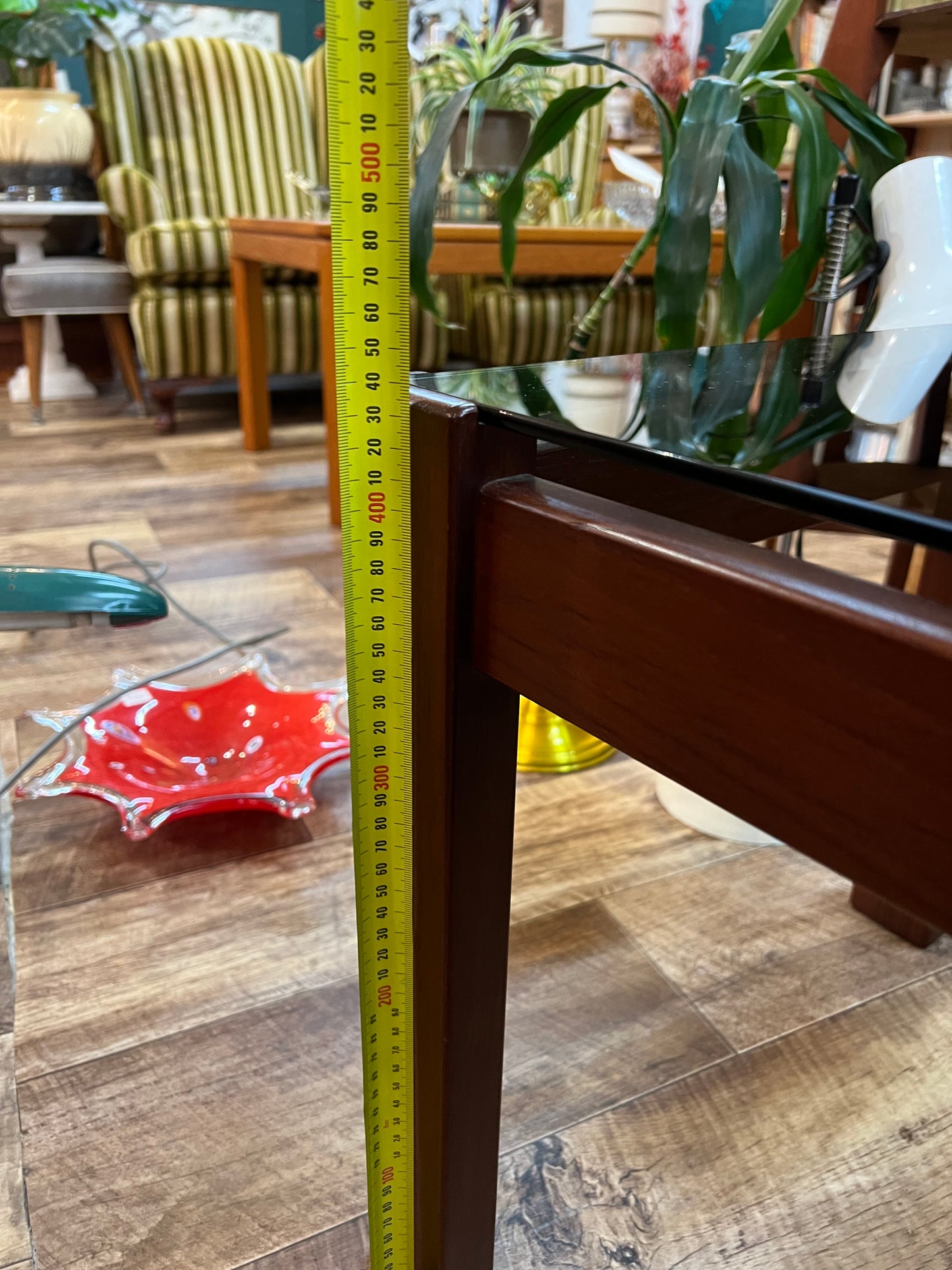 Mid-Century Modern Rectangle Smoked Glass Coffee Table with Rich Walnut-Toned Timber Frame