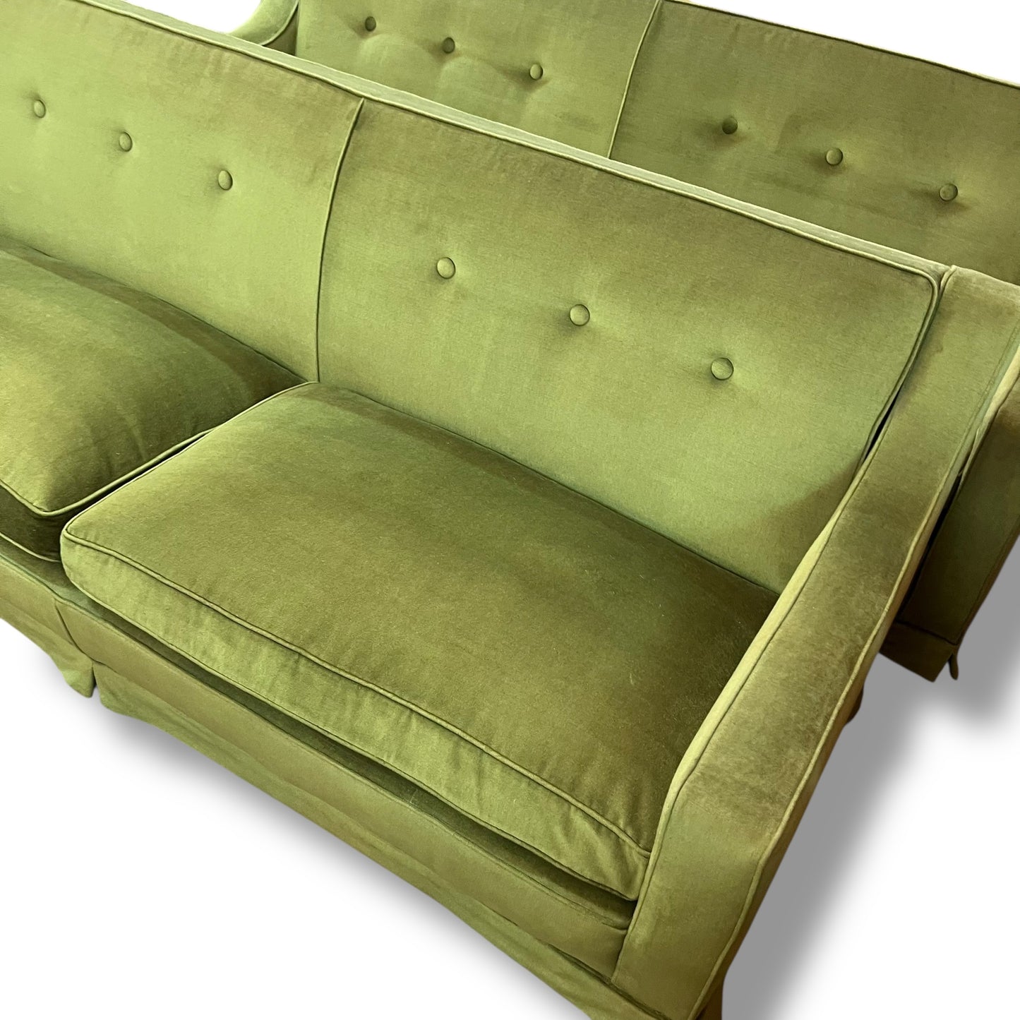 Vintage Designer Lounge Sofa — Green Velvet Upholstery, Feather Cushions