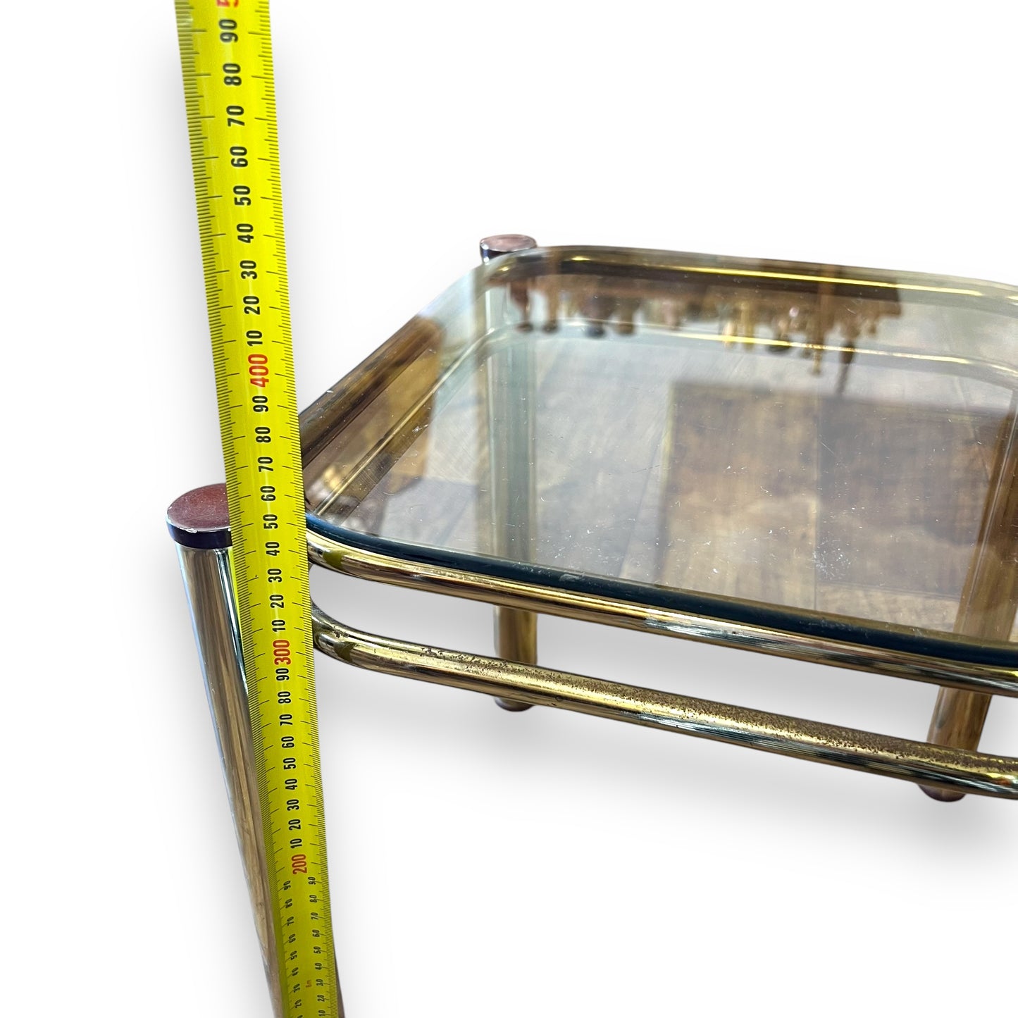 Brass nesting table set of 3 with Smokey glass tops