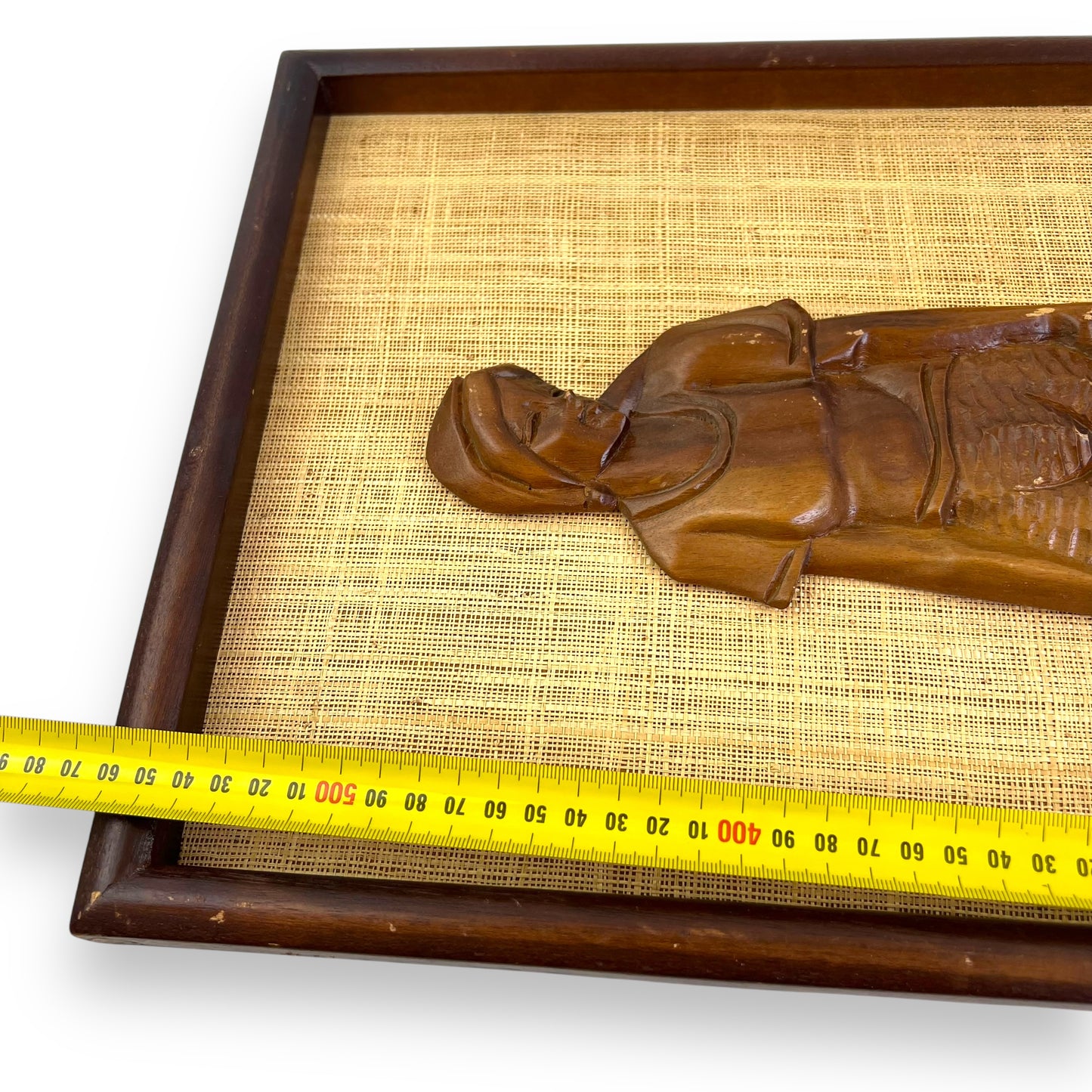 Hand-Carved Wooden Wall Art of woman on Woven Rattan Backing