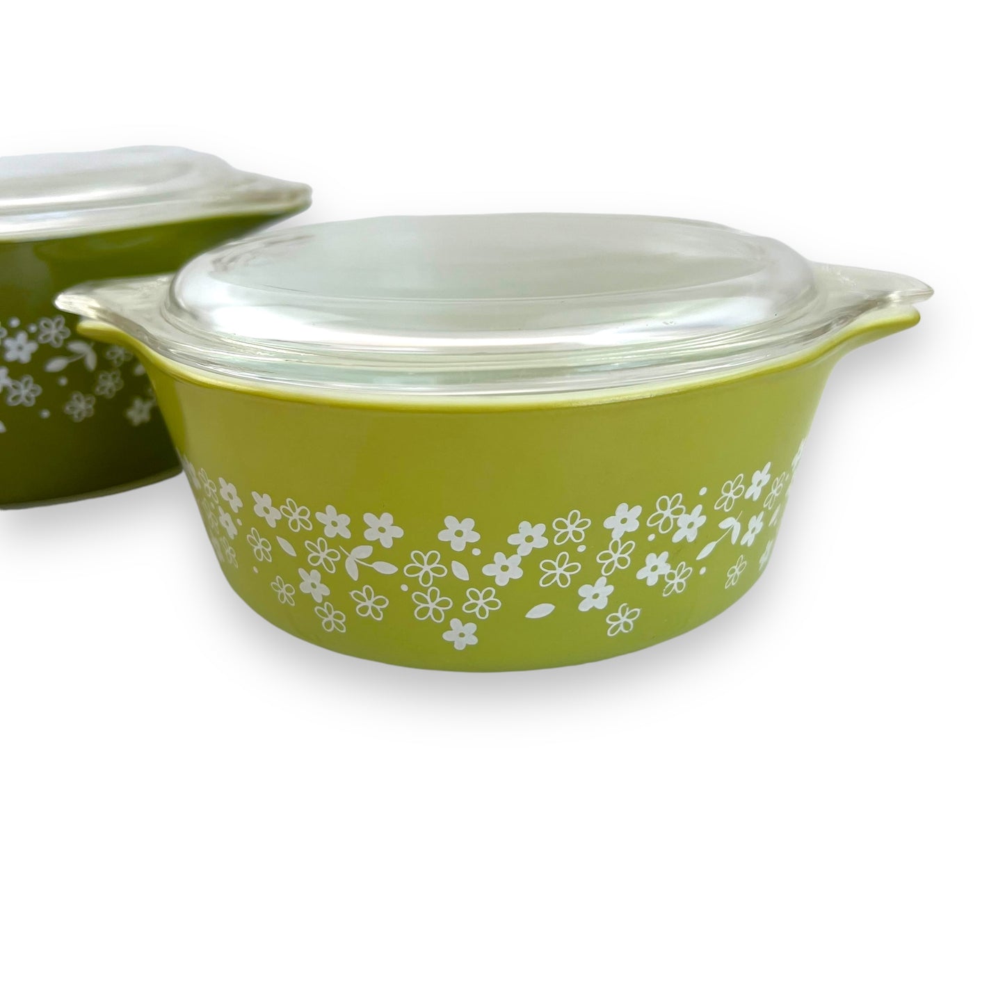 Pyrex Spring Blossom Green Casserole Dish Set of 3 with Lids - Made in USA - 1970s Retro Cookware