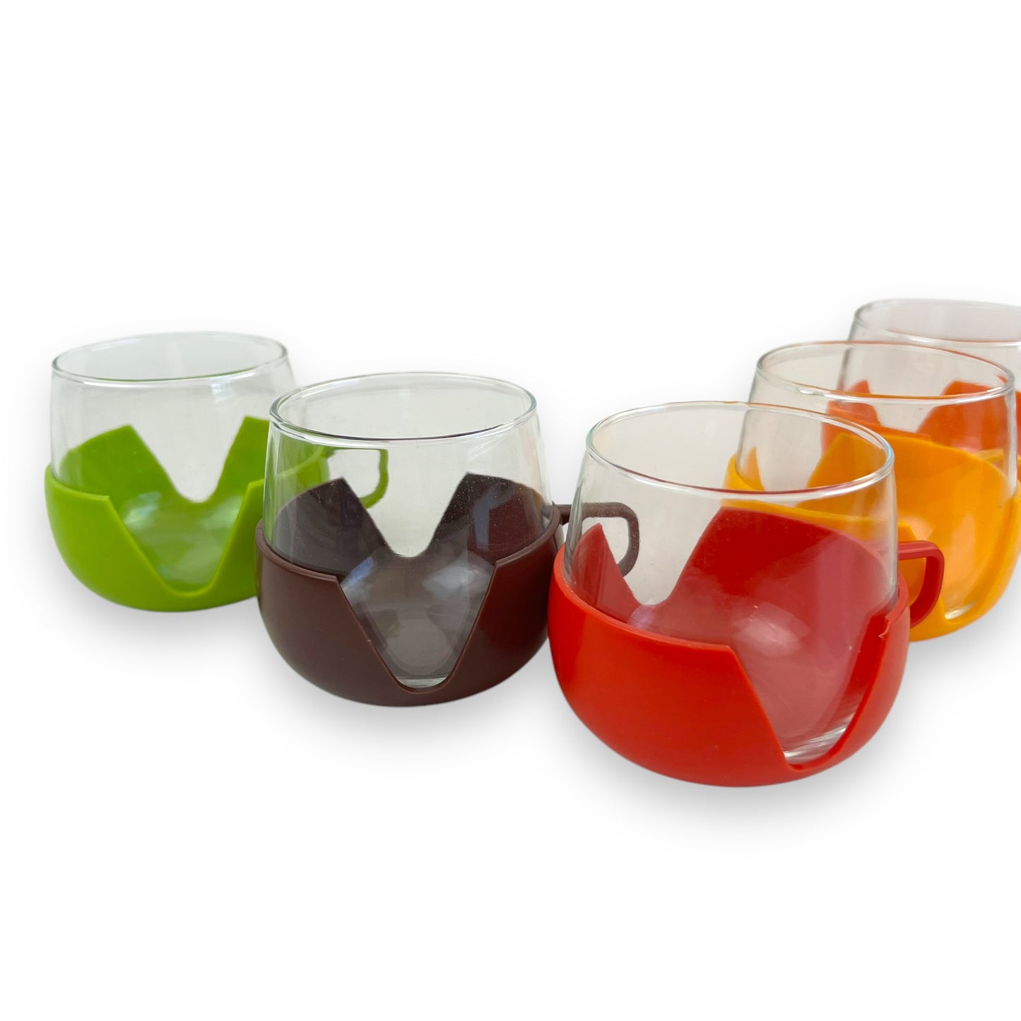 Dutch Glass Cups with Bright Colour Plastic Holders - Made in Holland - 5 Colourful Retro Mugs