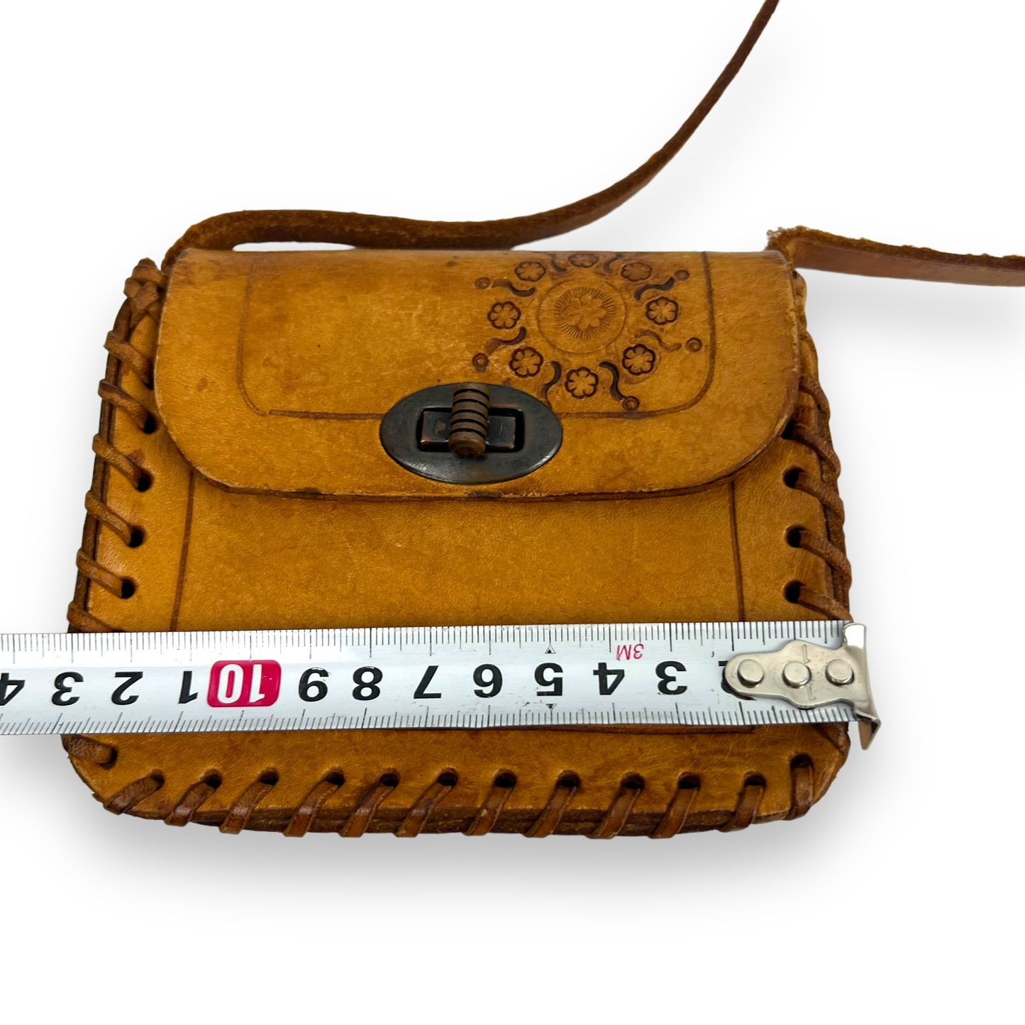 Small Brown Leather Hand Tooled Purse with strap