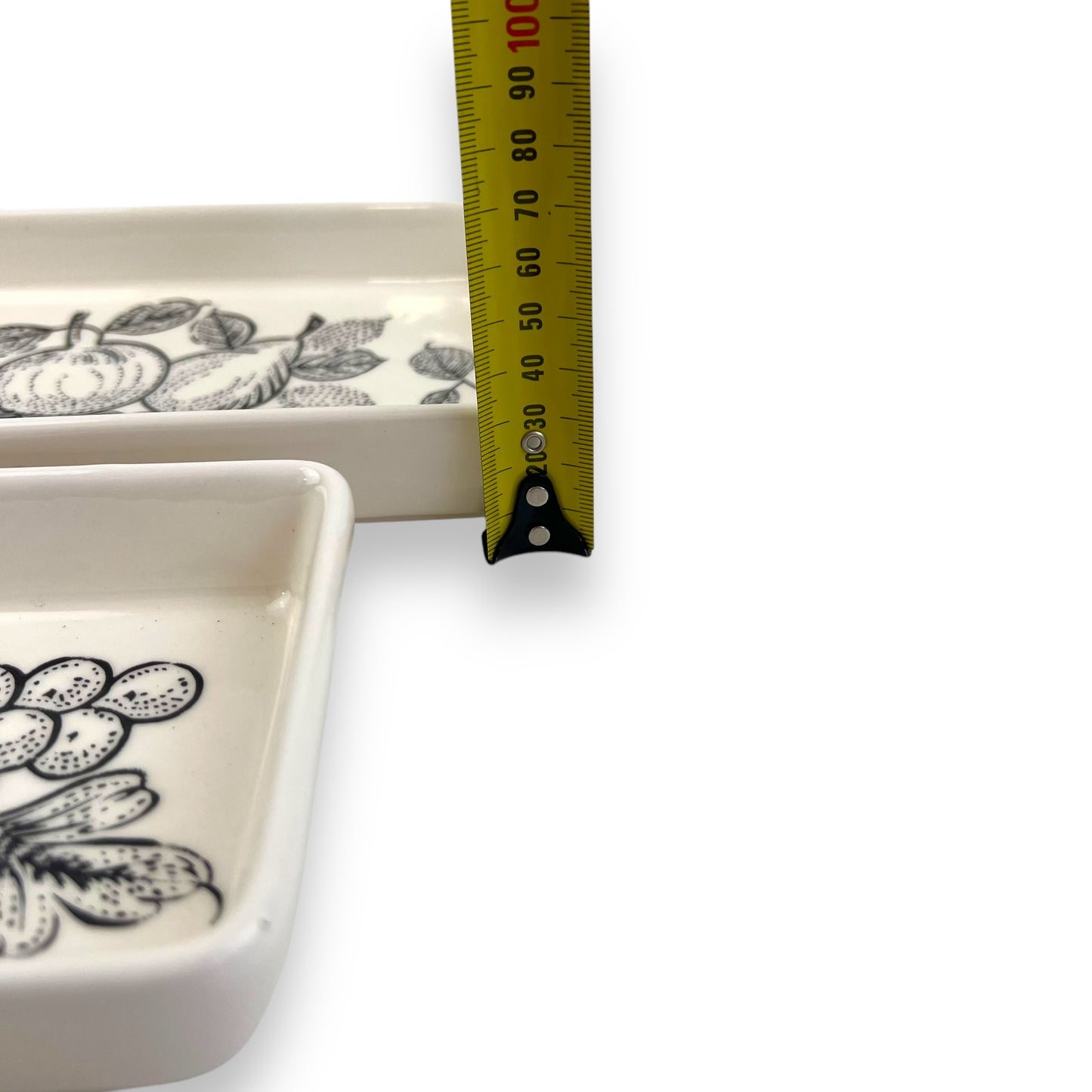 White rectangle dish set of 2 with black illustrated fruit design