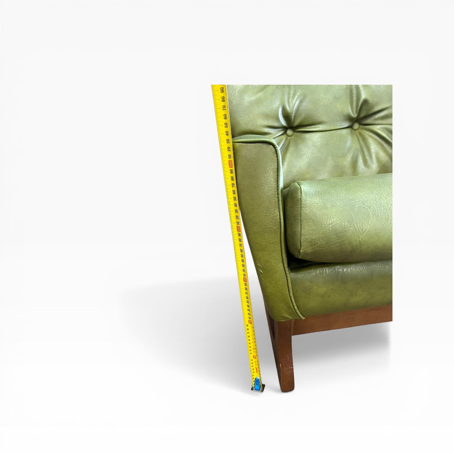 Olive Green Vinyl Lounge Armchair with Timber Sleigh Base