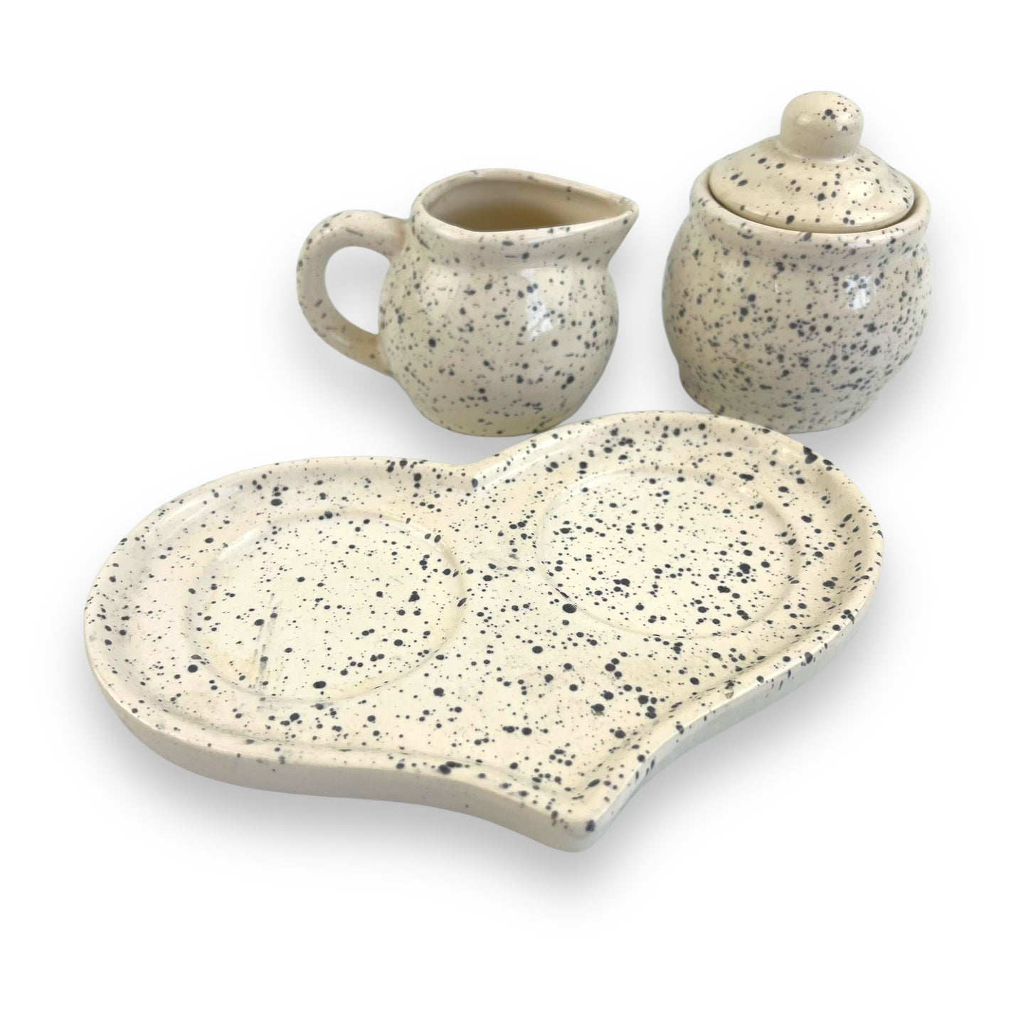 Sugar pot and creamer speckled set with love heart plate