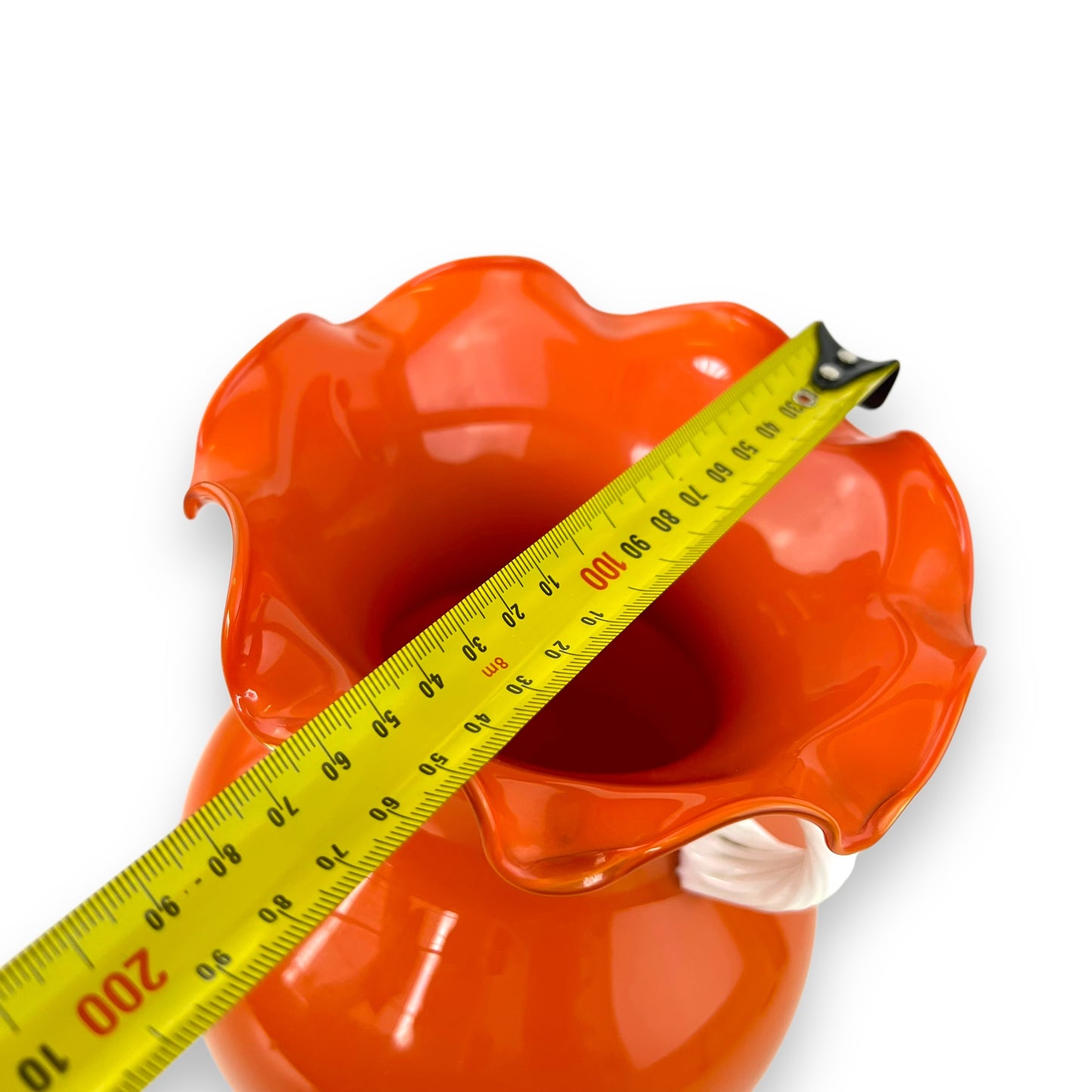 Orange Empoli Art Glass Vase with Ruffled Rim and White Twisted Handles