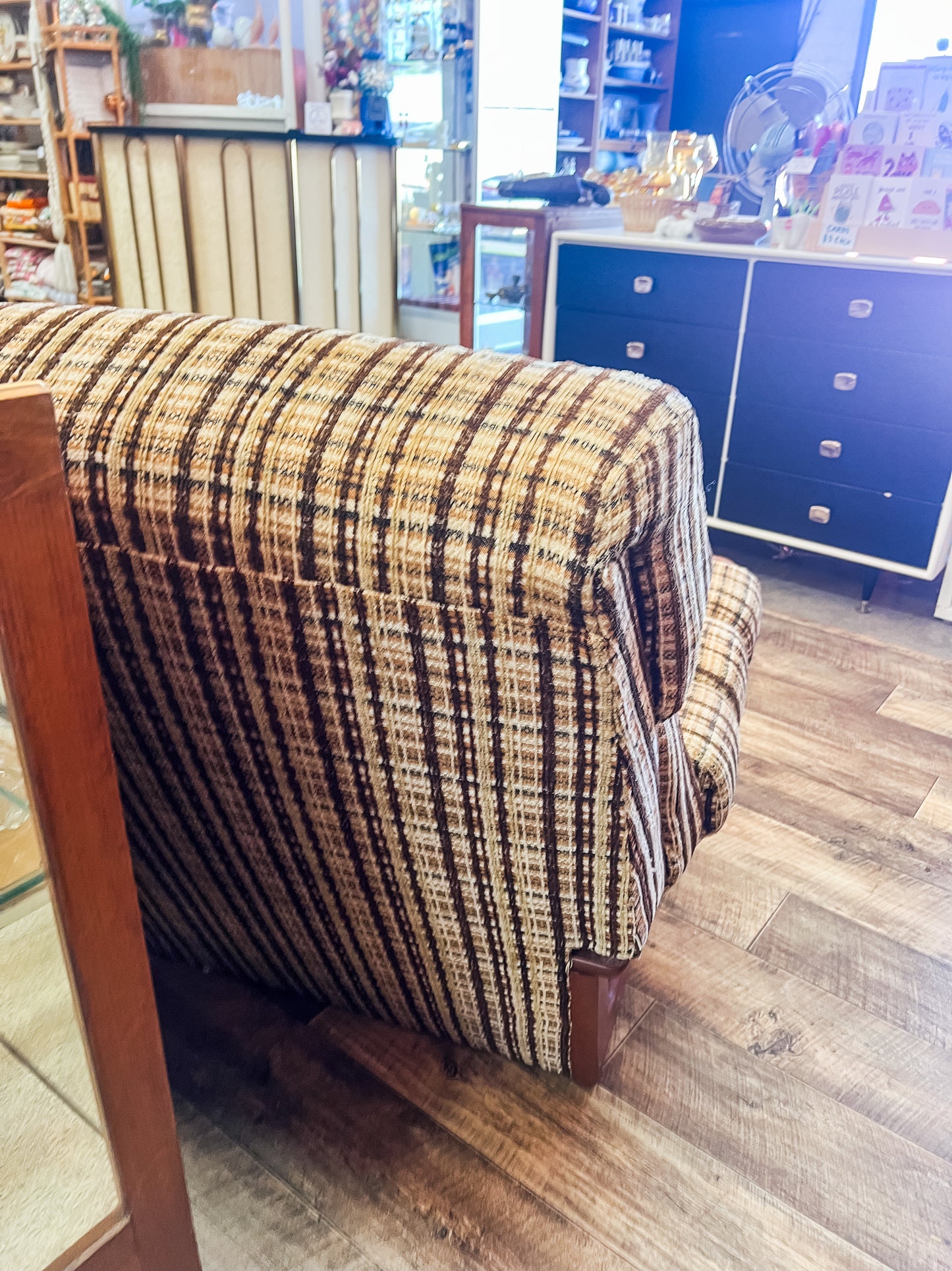 Plaid Lounge Chair with Wooden Armrests