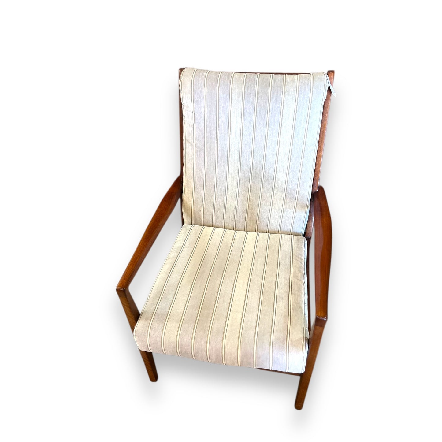 TH Brown Mid-Century Armchair – Teak Frame with Striped Upholstery