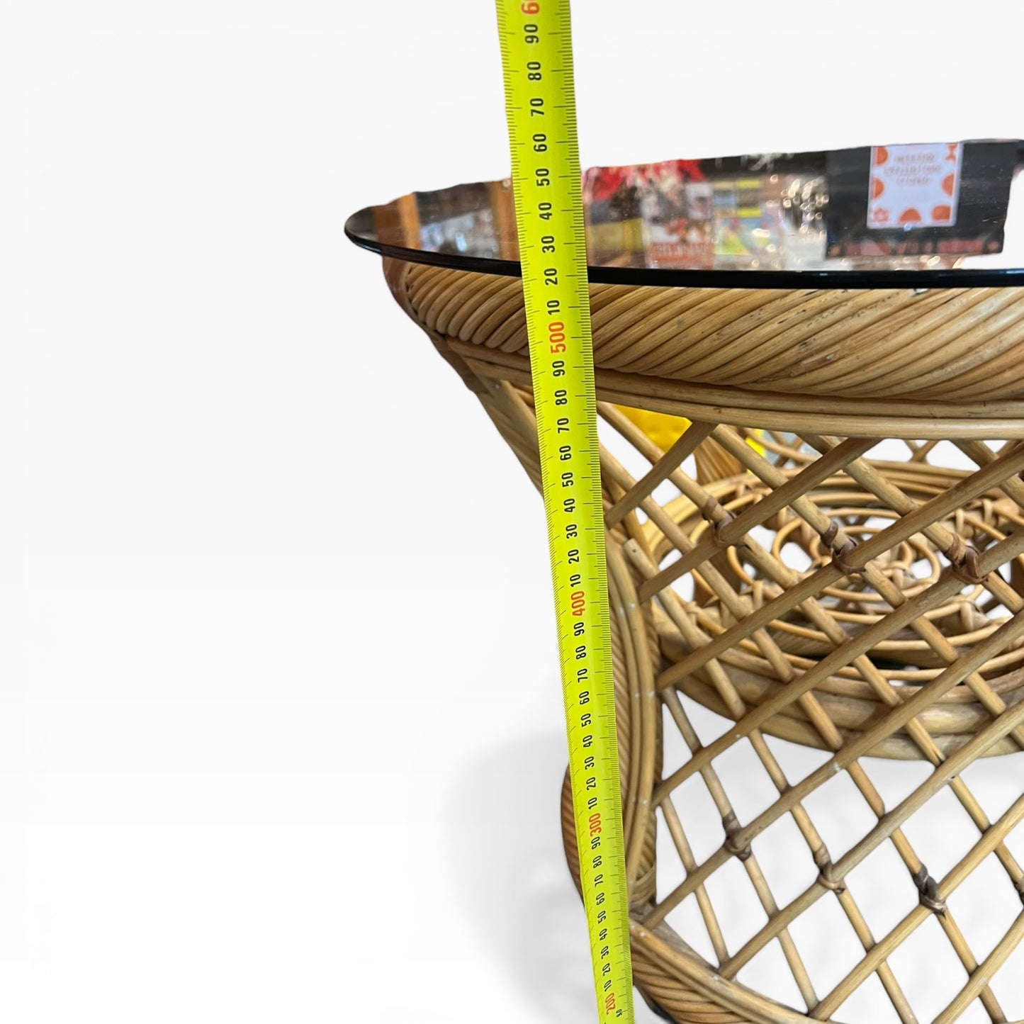 Cane Side Table with Round Glass Top & Sculptural Base