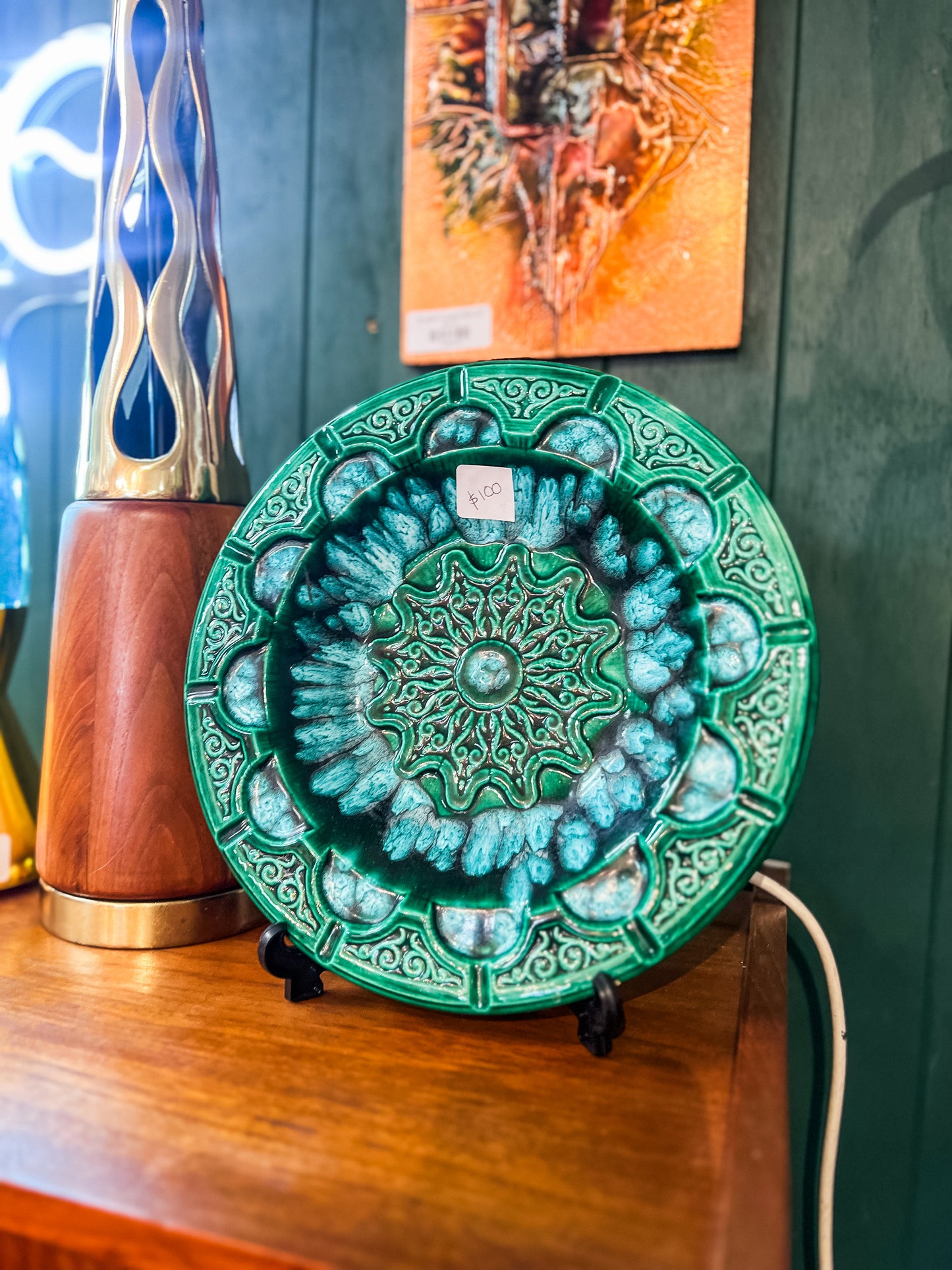 Green Glazed Ceramic Ashtray — Large Retro Decorative Plate
