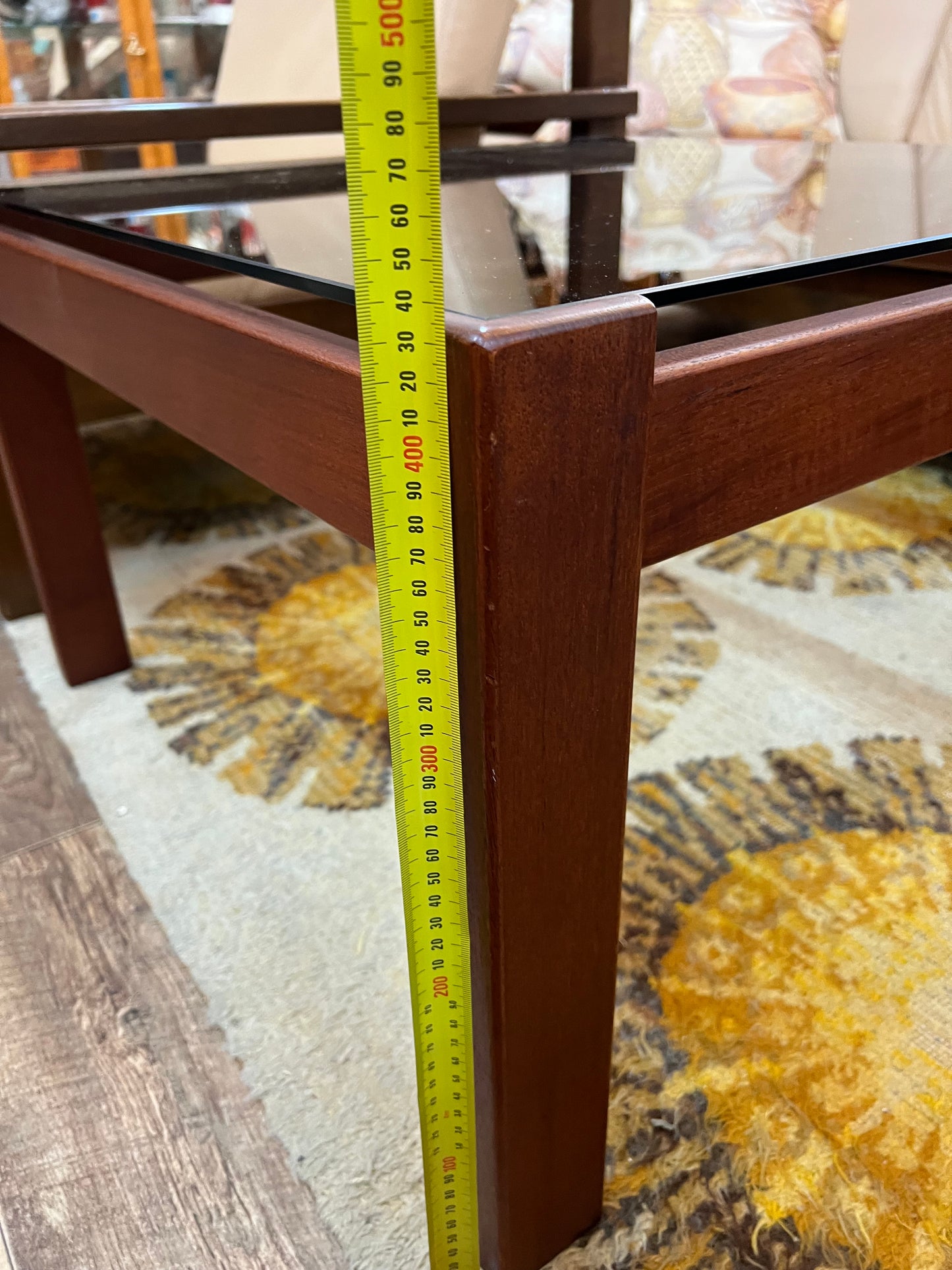 Mid-Century Modern Square Smoked Glass Coffee Table with Rich Reddish-Brown Timber Frame