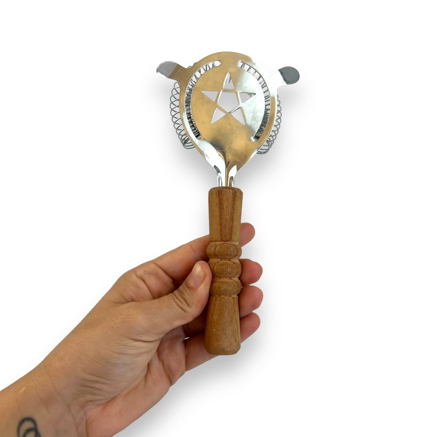 Japanese Cocktail Strainer with Wooden Handle and Star Cutout Design