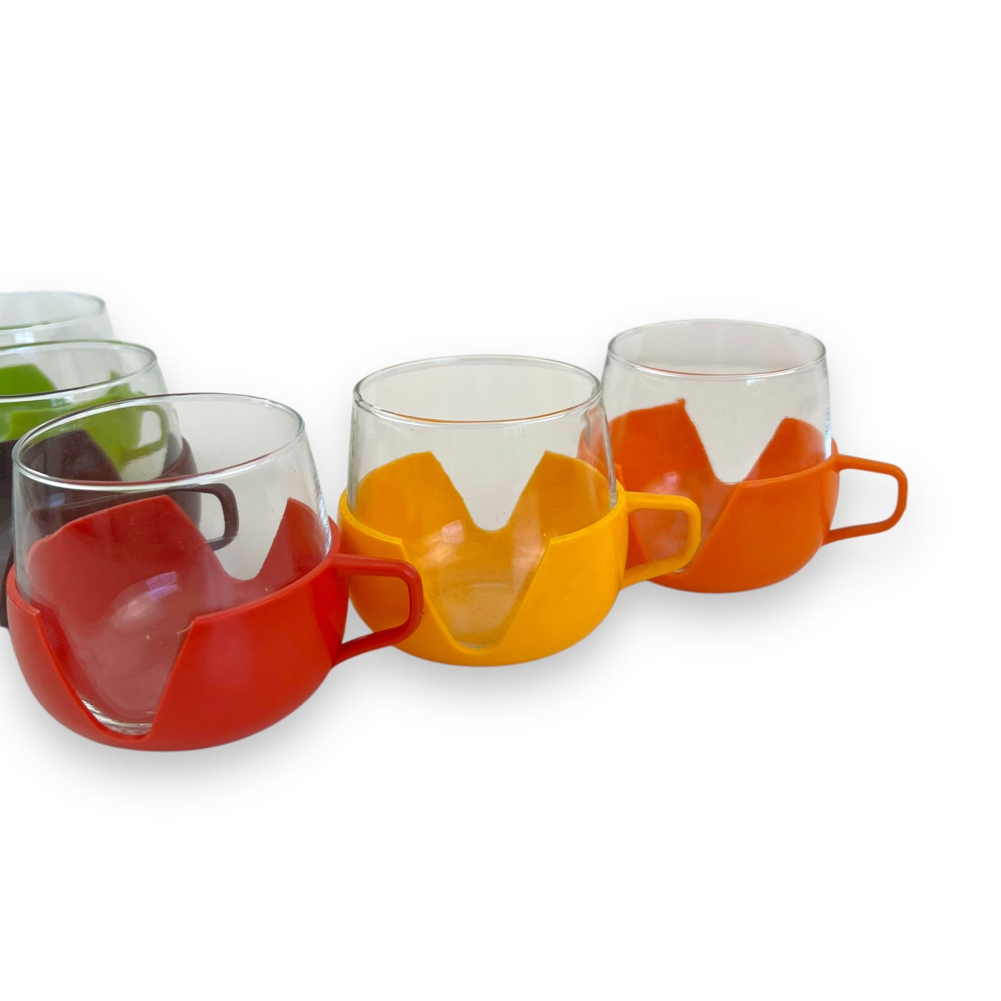 Dutch Glass Cups with Bright Colour Plastic Holders - Made in Holland - 5 Colourful Retro Mugs