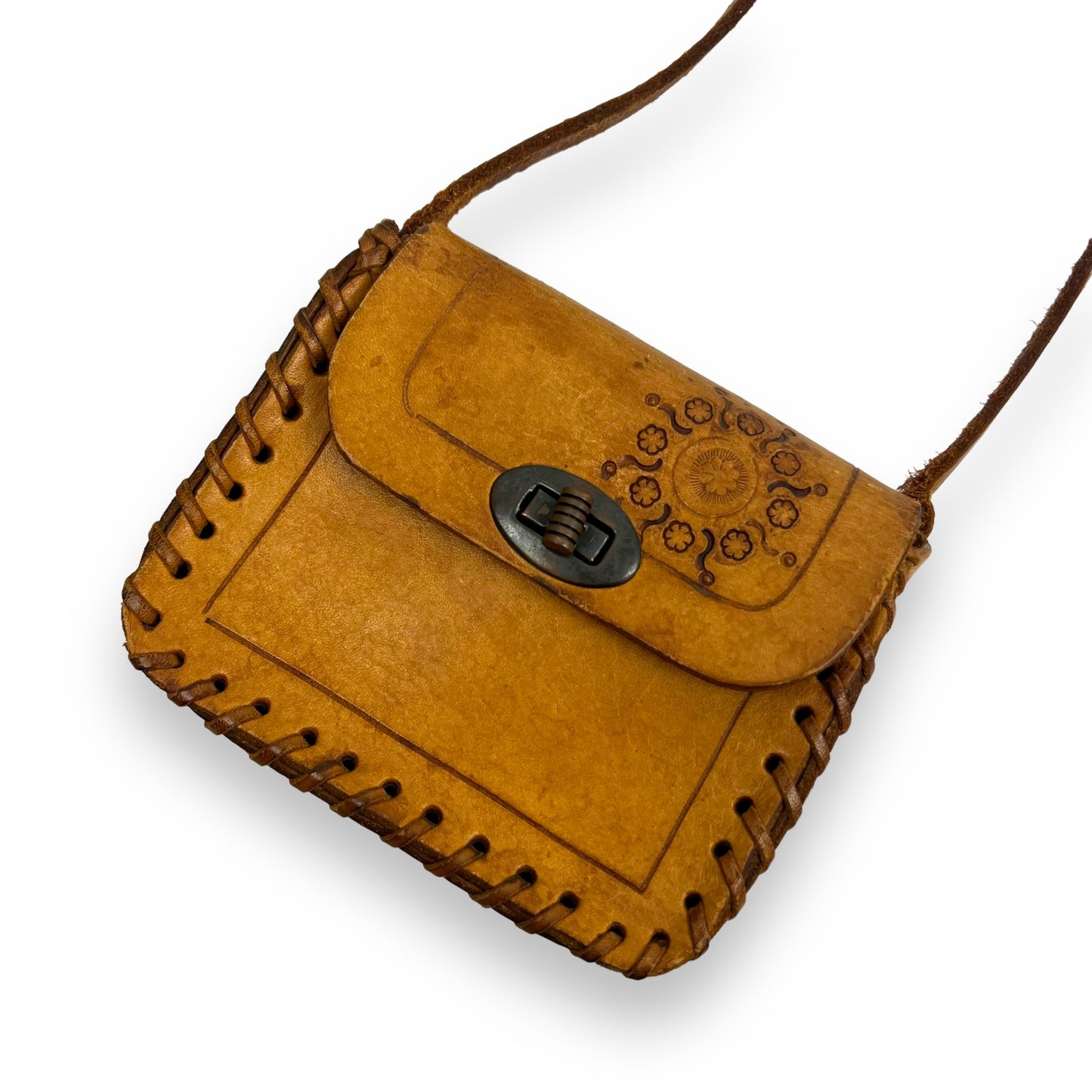 Small Brown Leather Hand Tooled Purse with strap