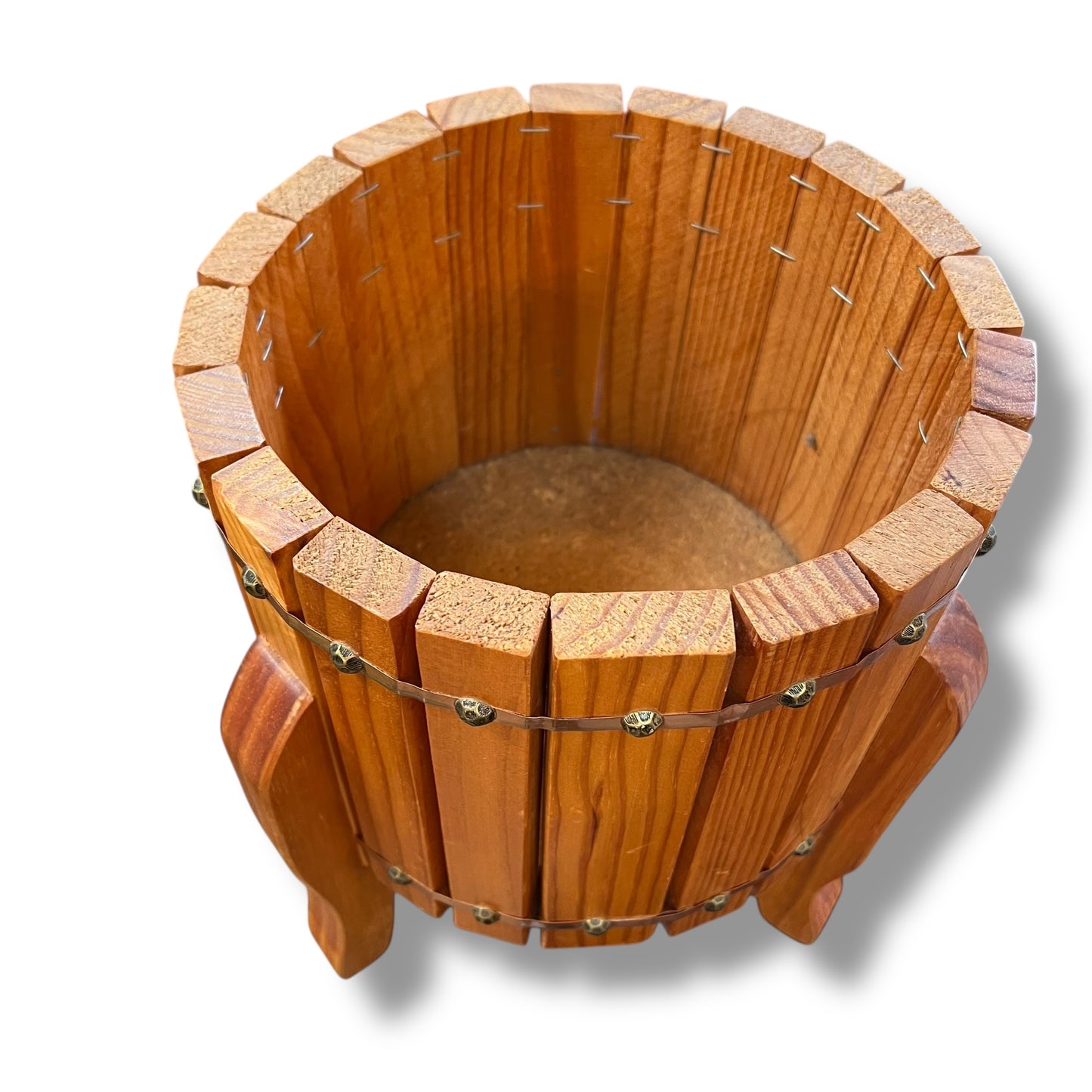 Timber Barrel-Style Planter with Brass Stud Detailing