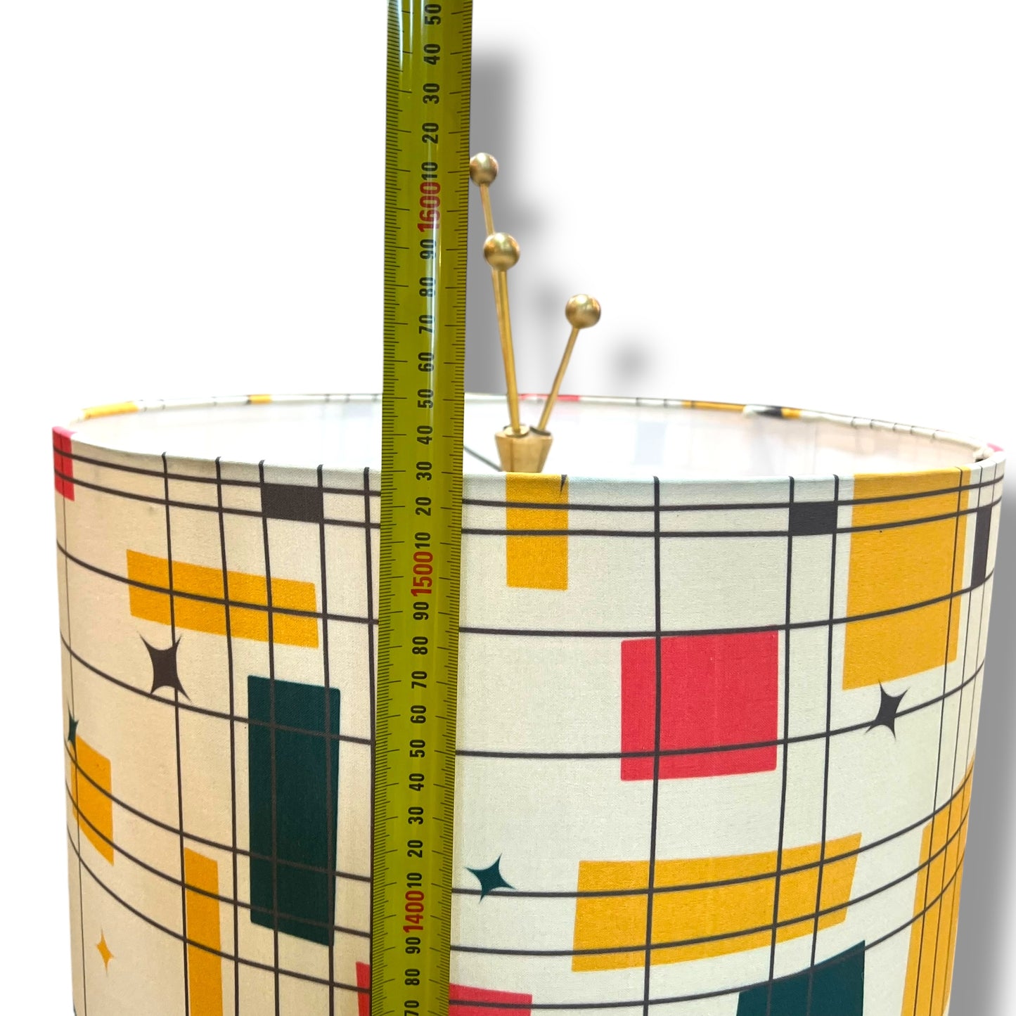 Mid-Century Modern Floor Lamp — Teak & Brass Tripod Base with Retro Atomic Geometric Shade