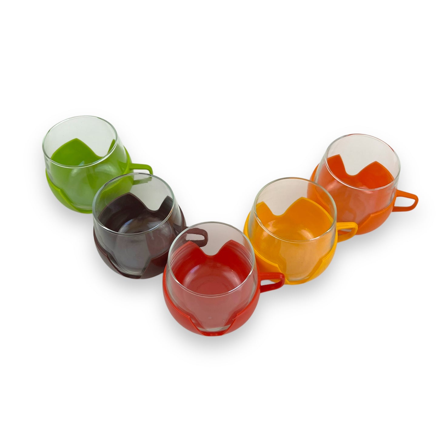 Dutch Glass Cups with Bright Colour Plastic Holders - Made in Holland - 5 Colourful Retro Mugs