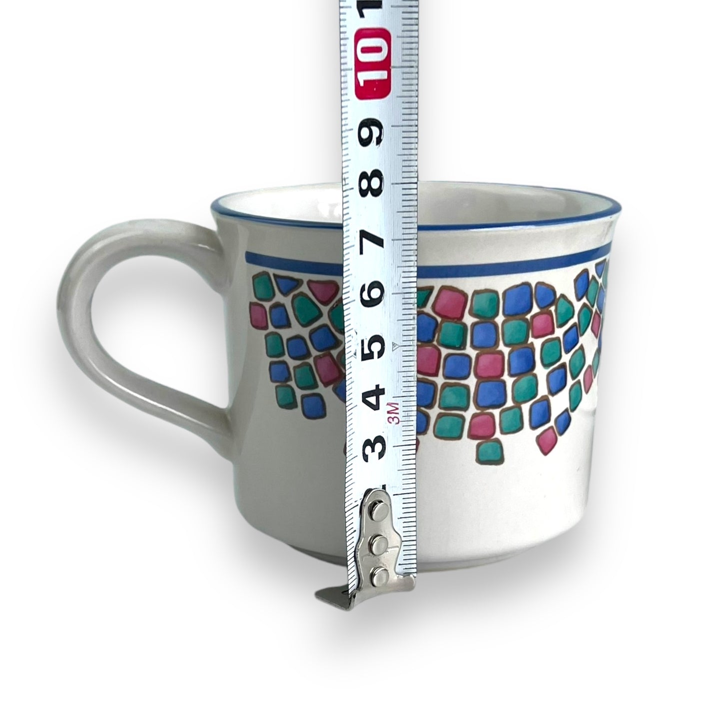 Blue, pink and green square pattern cup and saucer set