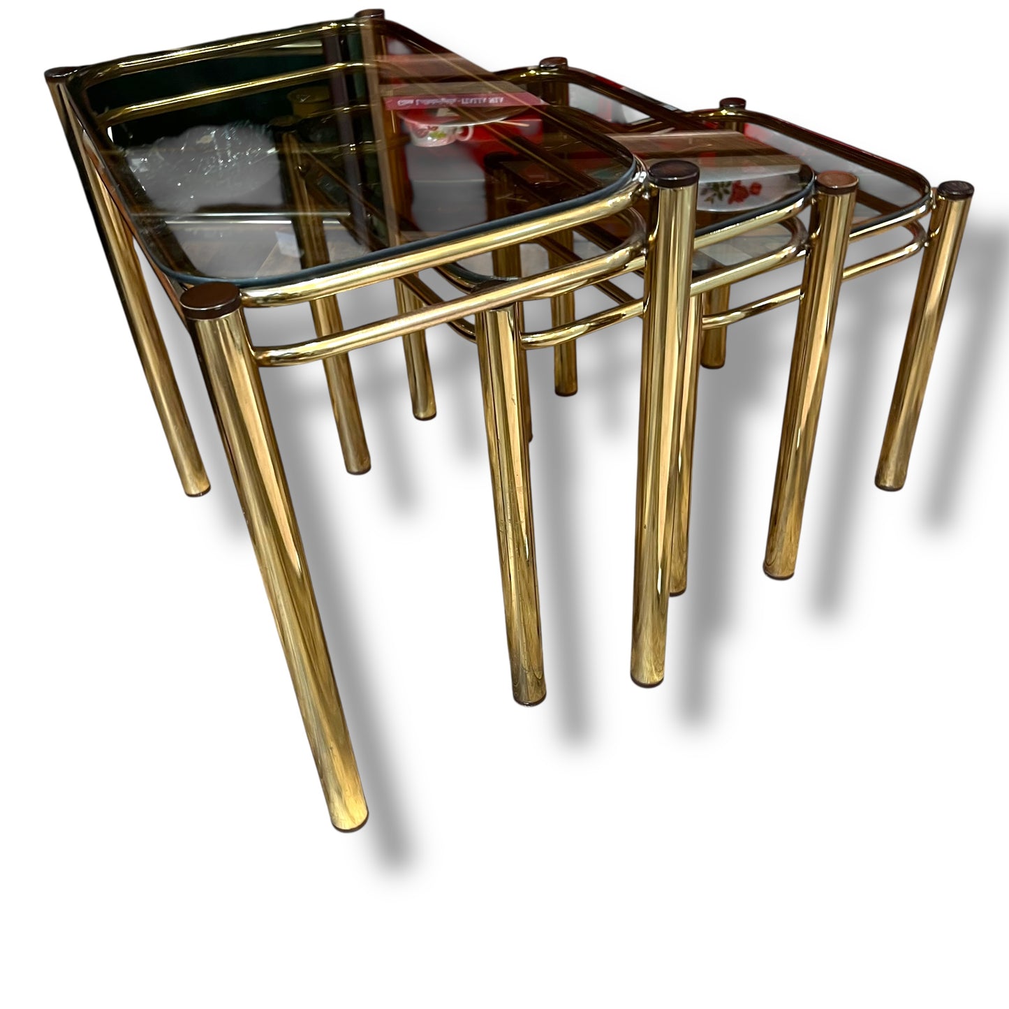 Brass & Smoked Glass Nesting Tables – Set of 3