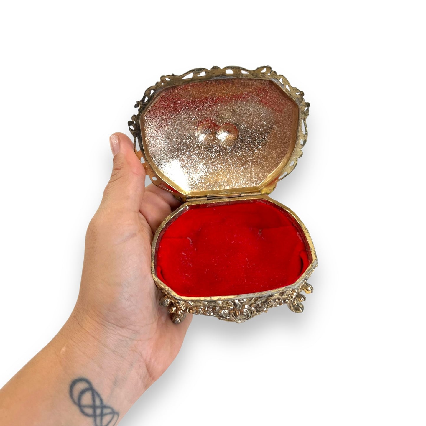 Ornate Jewelry Box – Made in Japan – Gold Tone Metal with Red Velvet Lining